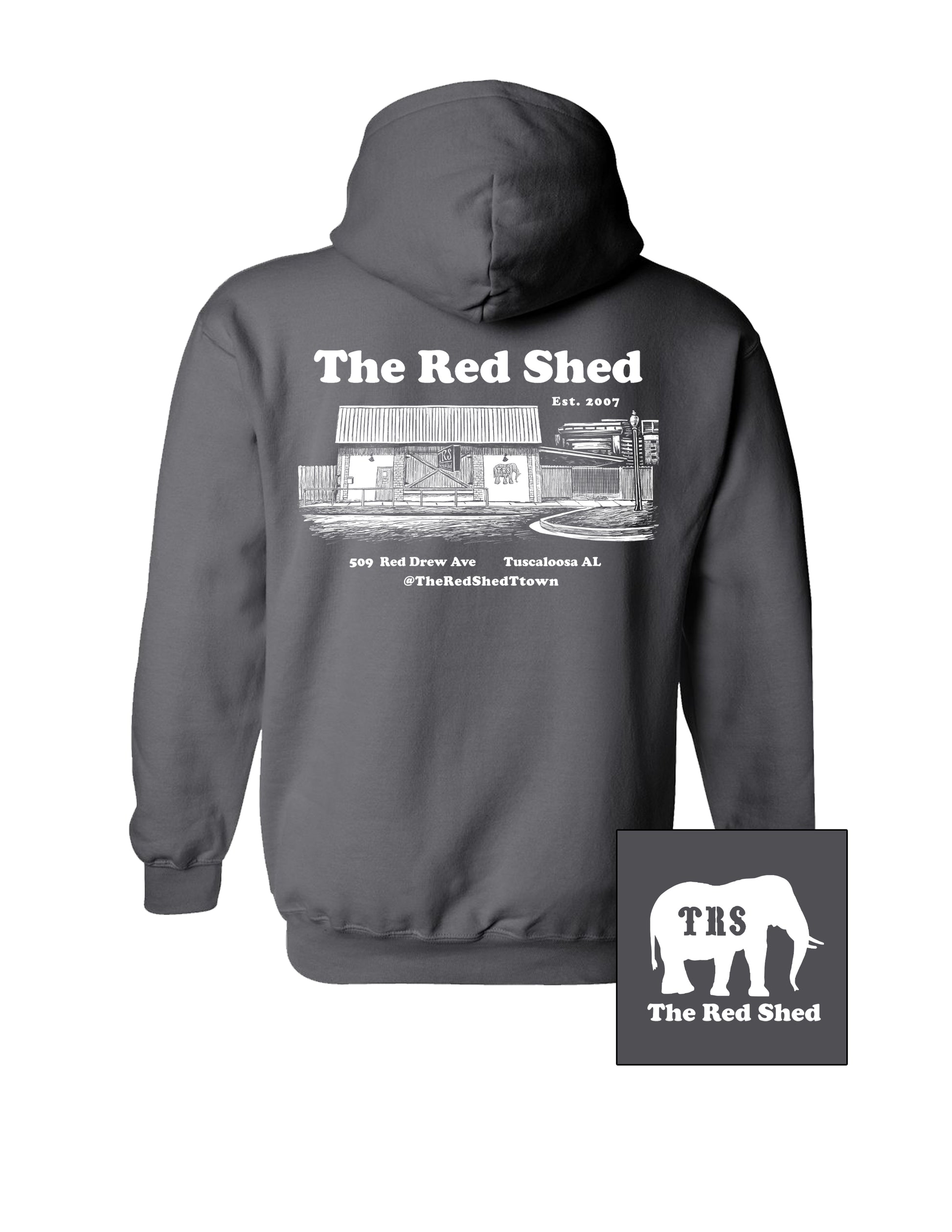 The Red Shed Dark Grey Hoodie with a White illustration of the Red Shed building 