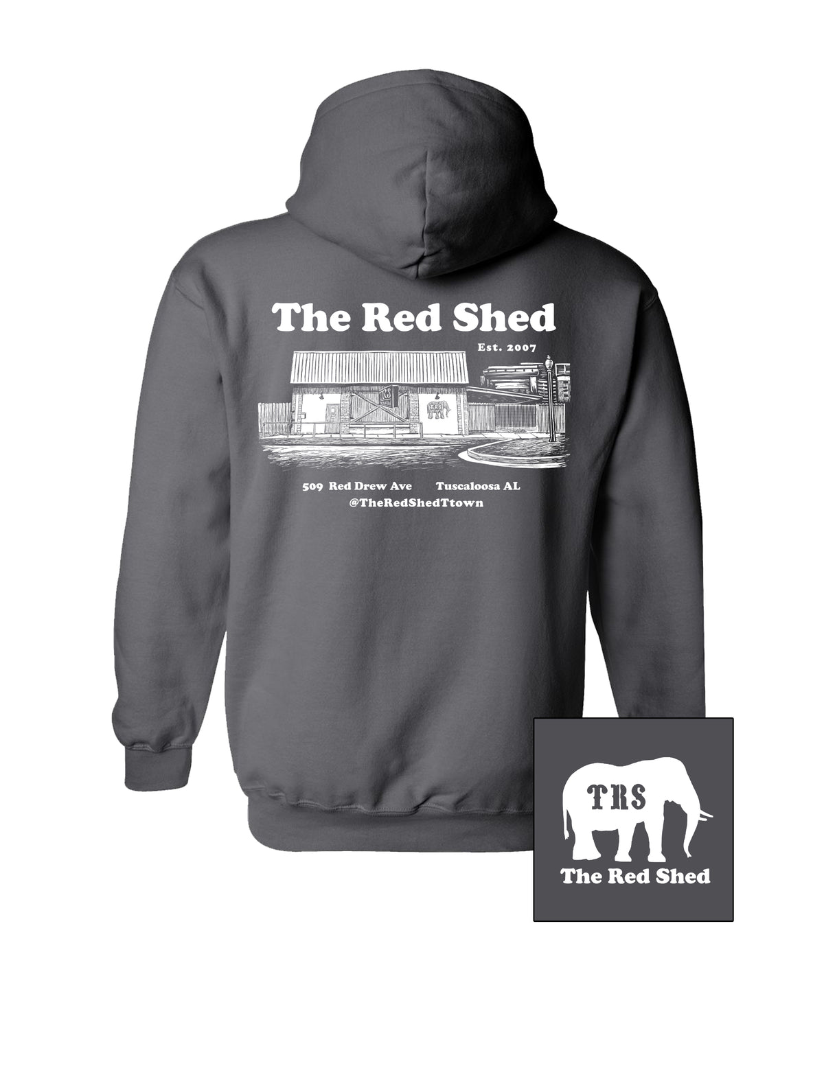 The Red Shed Dark Grey Hoodie with a White illustration of the Red Shed building 