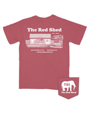 The Red Shed Red T-Shirt with a White illustration of the Red Shed building 