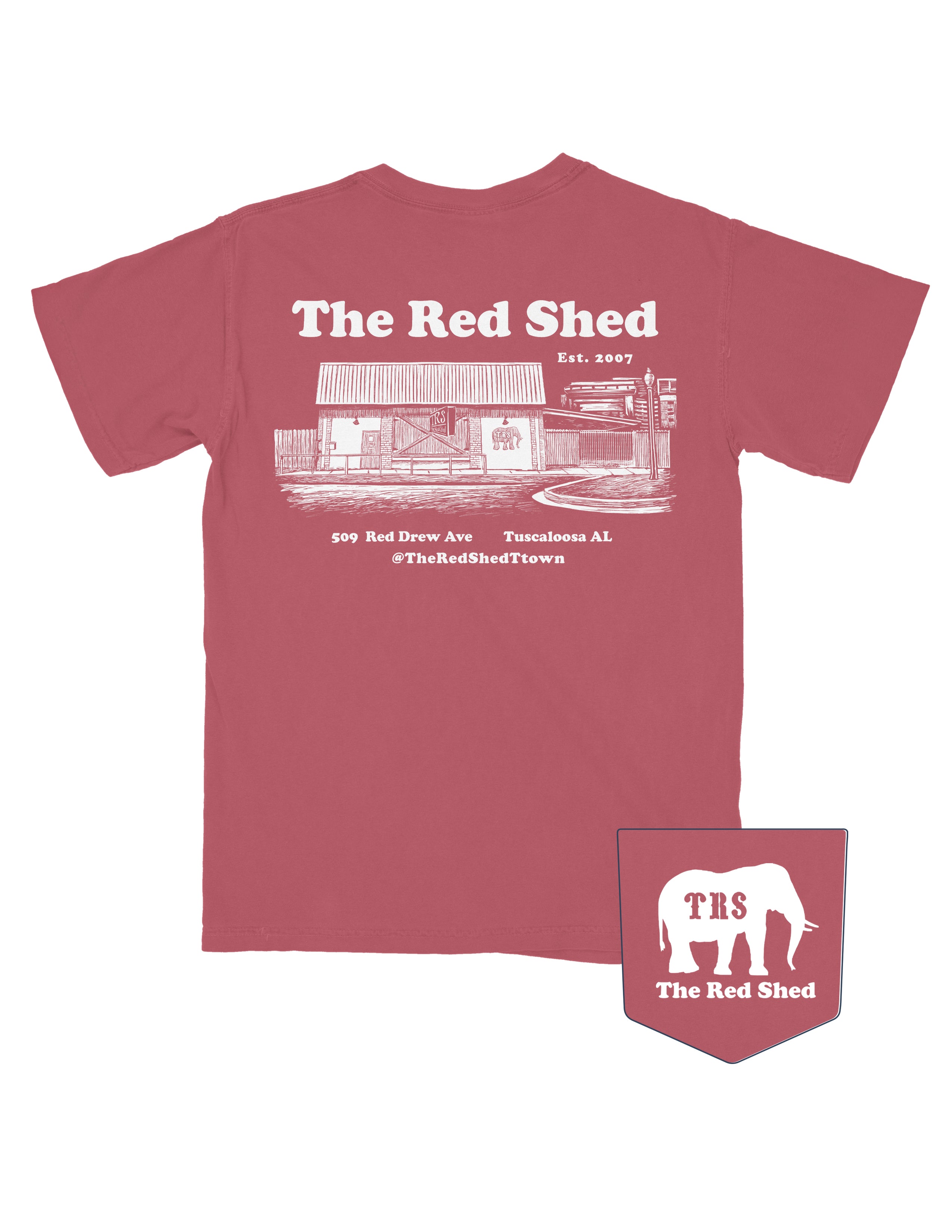 The Red Shed Red T-Shirt with a White illustration of the Red Shed building 