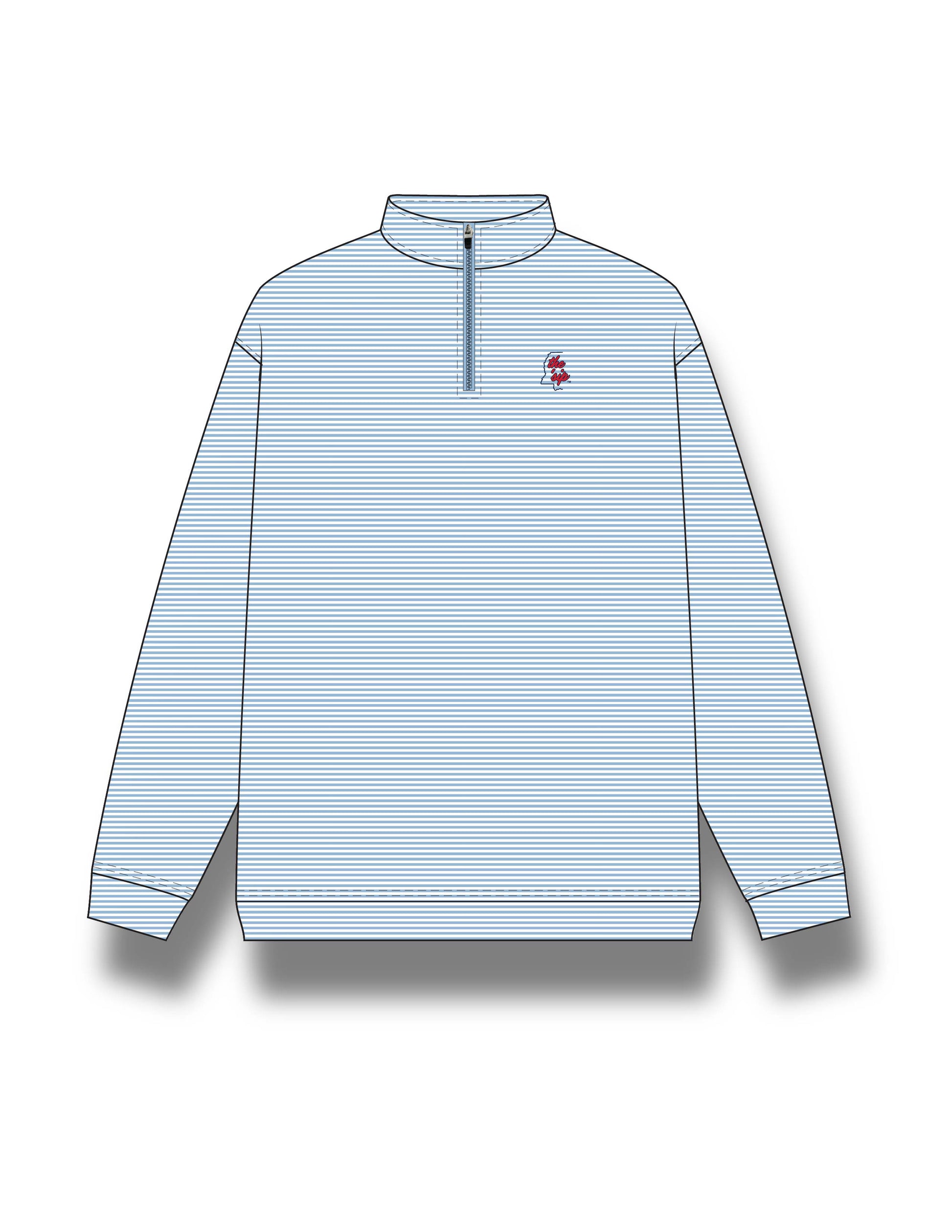 Ole Miss Light Blue ¼ Zip Pullover with text “The ‘Sip” inside of an outline of Mississippi embroidered on the left chest