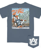 Auburn University Blue This is How We Roll T-Shirt featuring an illustration of Aubie rolling the Toomer's Corner Magnolias beneath Orange text "This Is How We Roll"