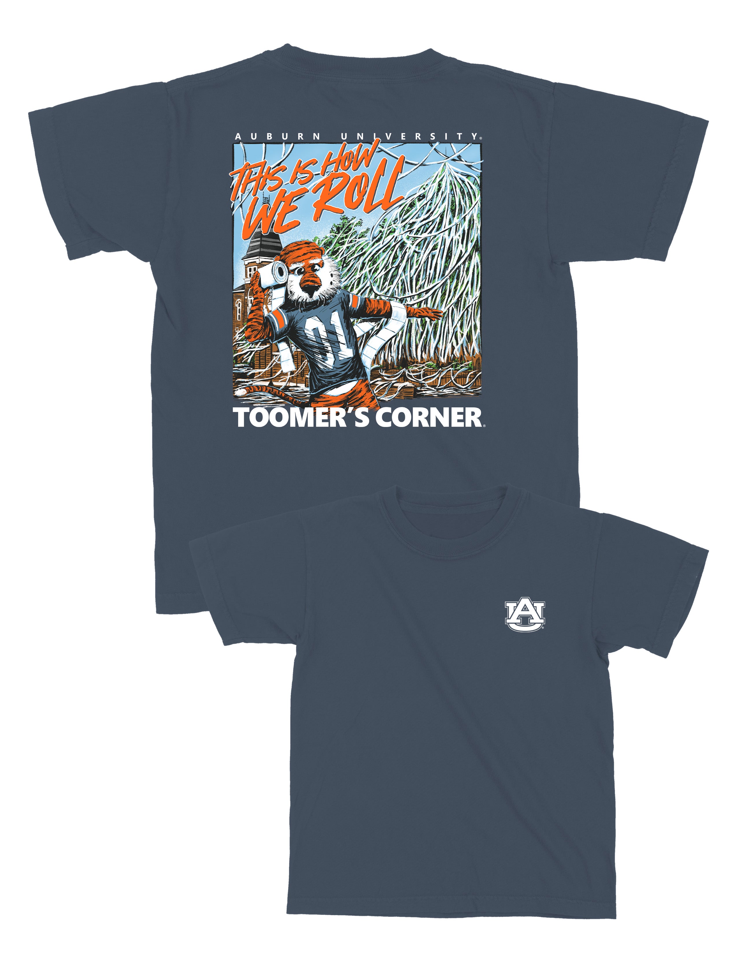 Auburn University Blue This is How We Roll Youth T-Shirt featuring an illustration of Aubie rolling the Toomer's Corner Magnolias beneath Orange text "This Is How We Roll"