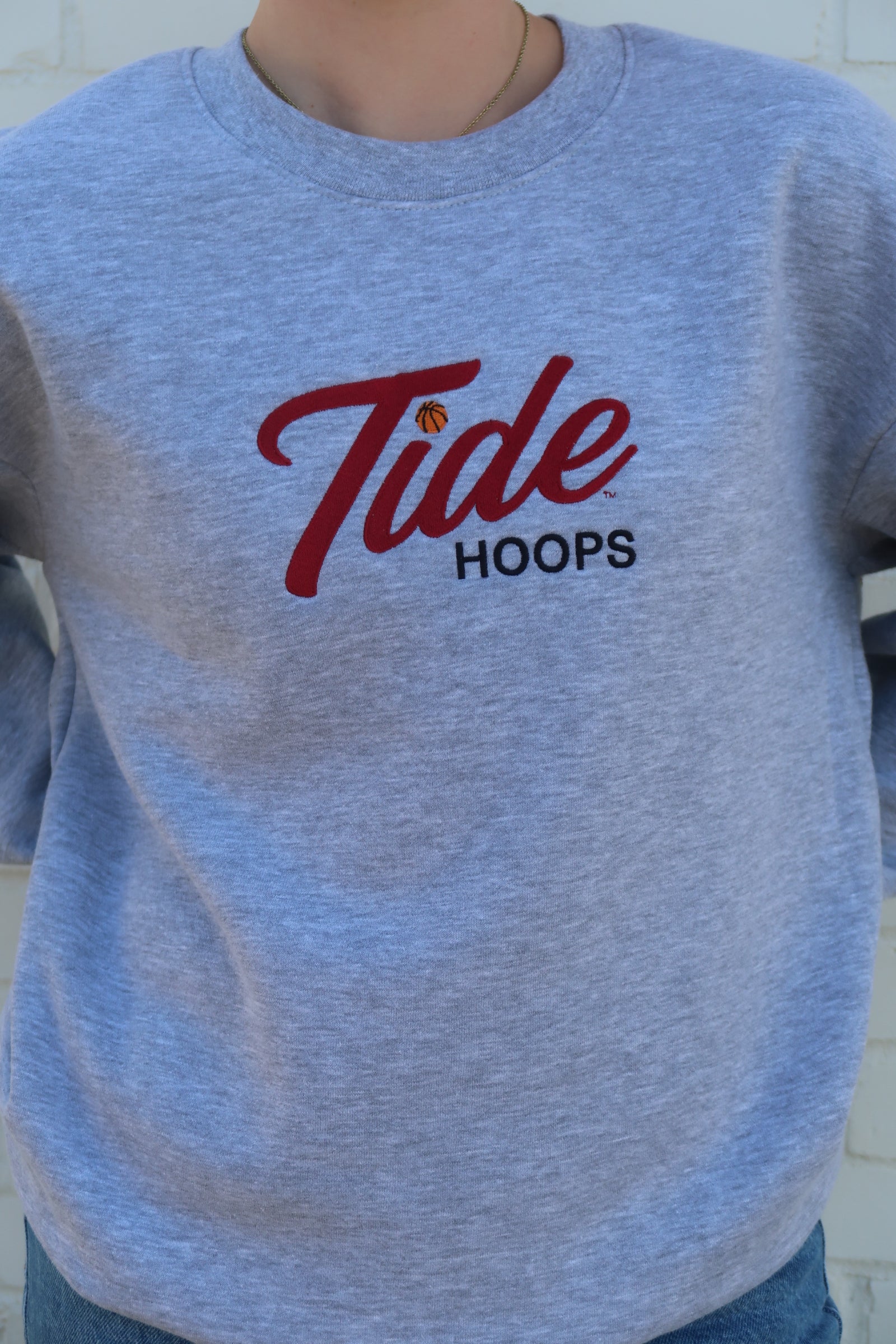 University of Alabama Grey American Apparel Crewneck featuring Red script "Tide" and Black "Hoops" embroidery