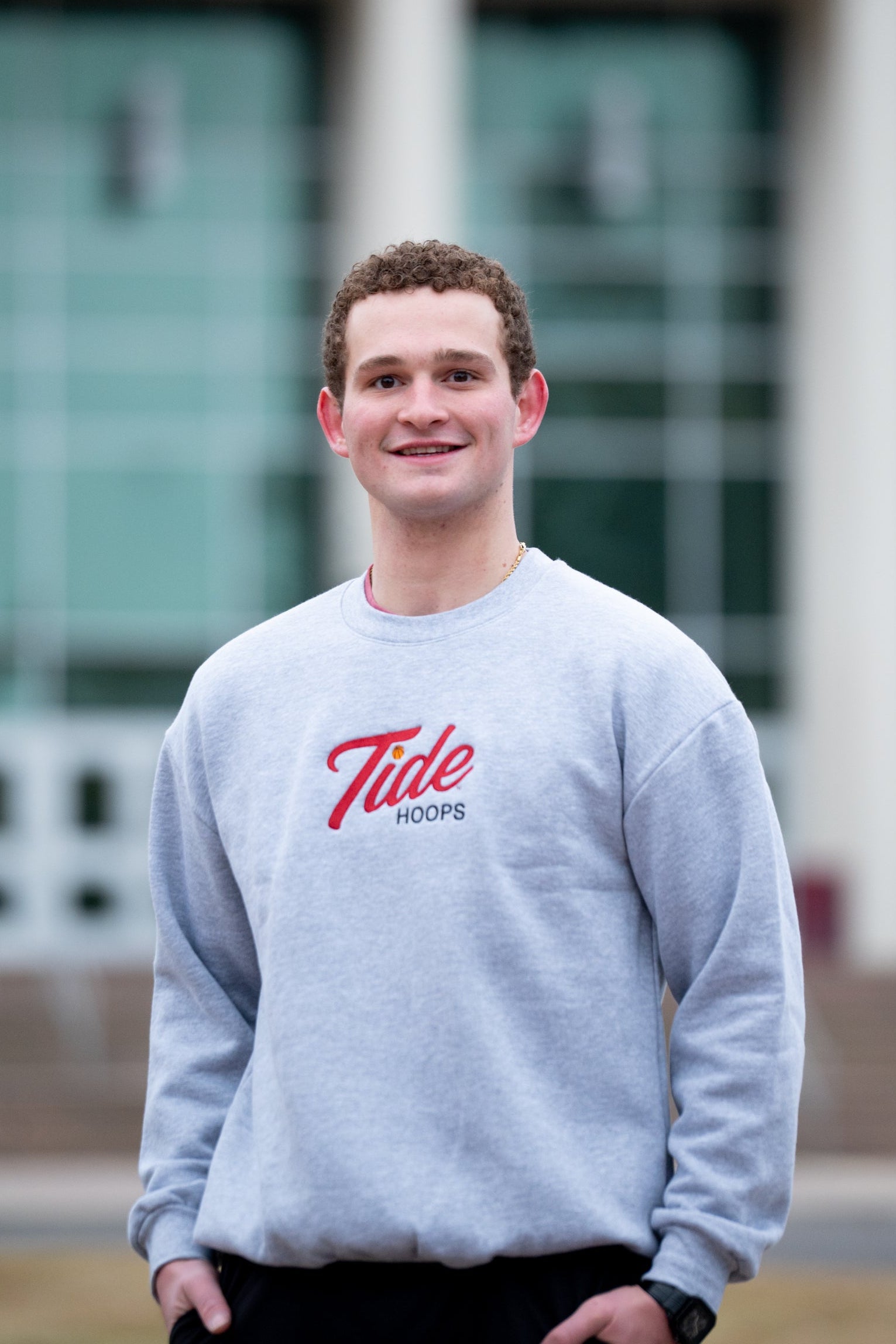 University of Alabama Grey American Apparel Crewneck featuring Red script "Tide" and Black "Hoops" embroidery