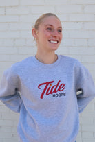 University of Alabama Grey American Apparel Crewneck featuring Red script "Tide" and Black "Hoops" embroidery