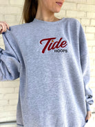 University of Alabama Grey American Apparel Crewneck featuring Red script "Tide" and Black "Hoops" embroidery