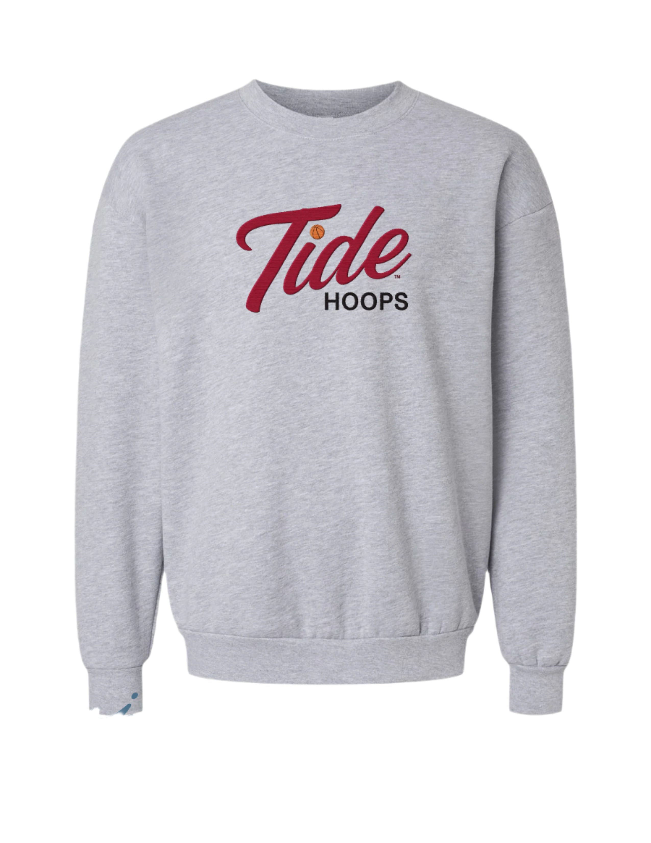 University of Alabama Grey American Apparel Crewneck featuring Red script "Tide" and Black "Hoops" embroidery