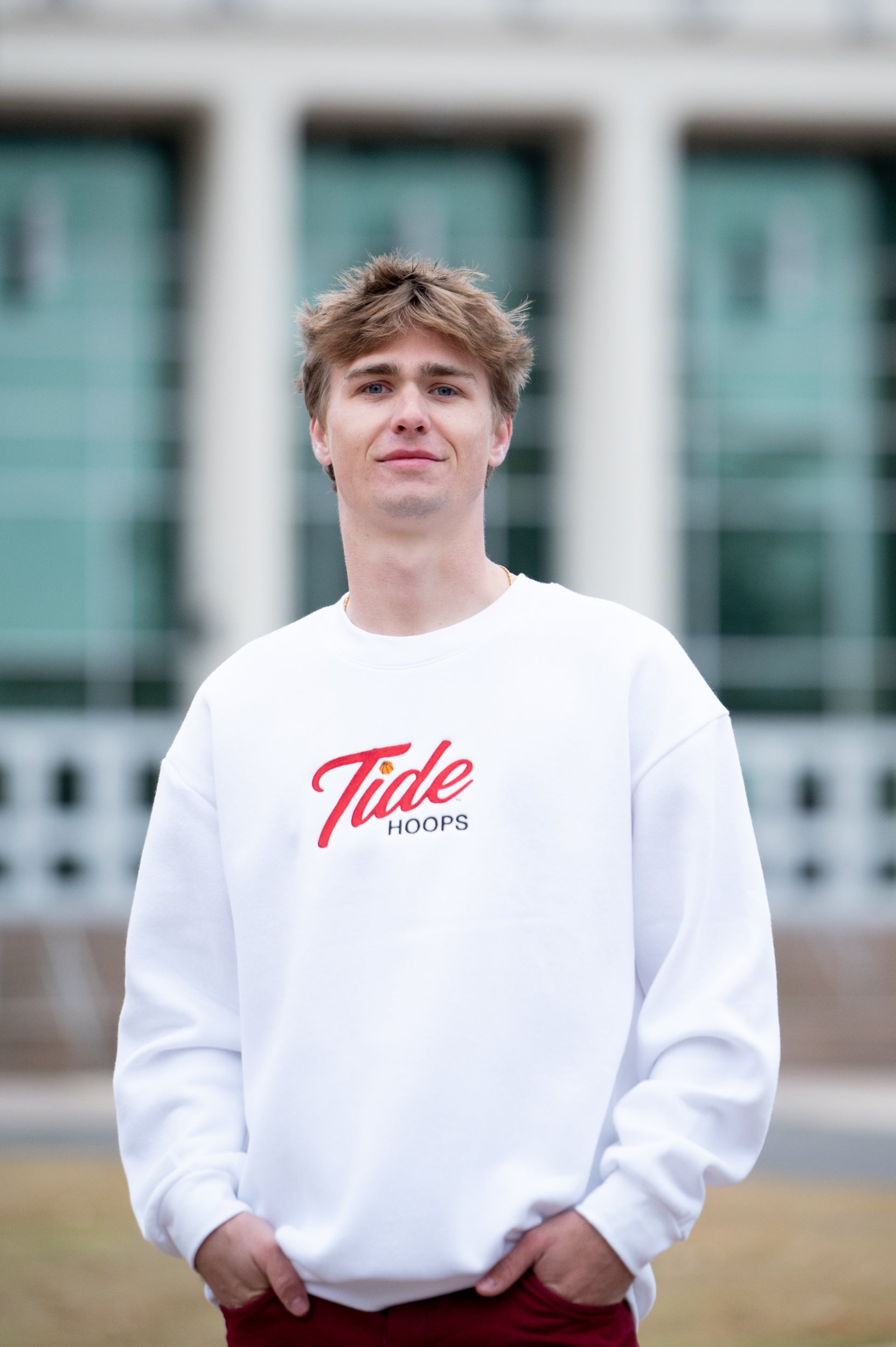 University of Alabama White American Apparel Crewneck featuring Red script "Tide" and Black "Hoops" embroidery