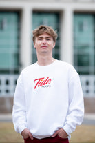 University of Alabama White American Apparel Crewneck featuring Red script "Tide" and Black "Hoops" embroidery