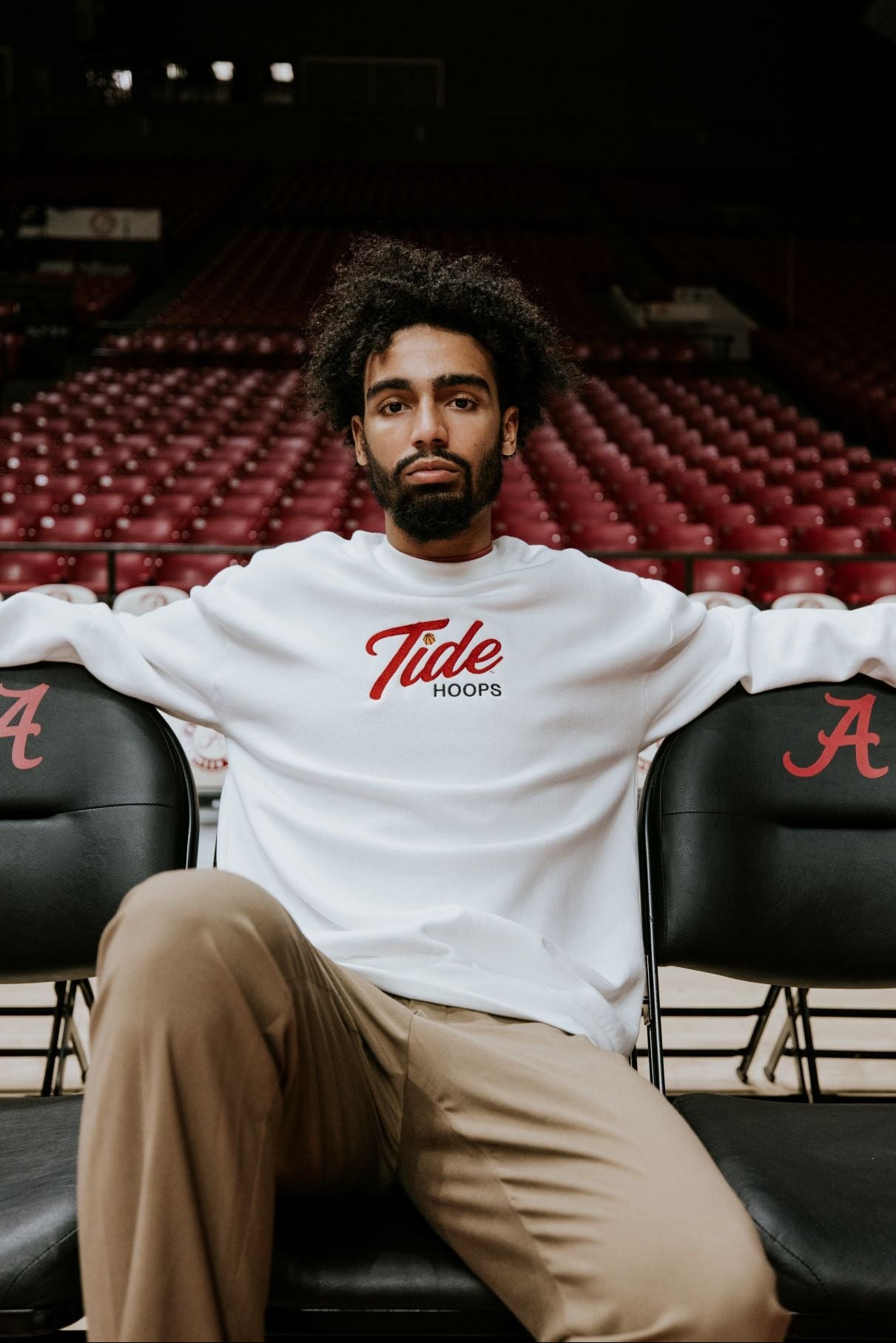 University of Alabama White American Apparel Crewneck featuring Red script "Tide" and Black "Hoops" embroidery
