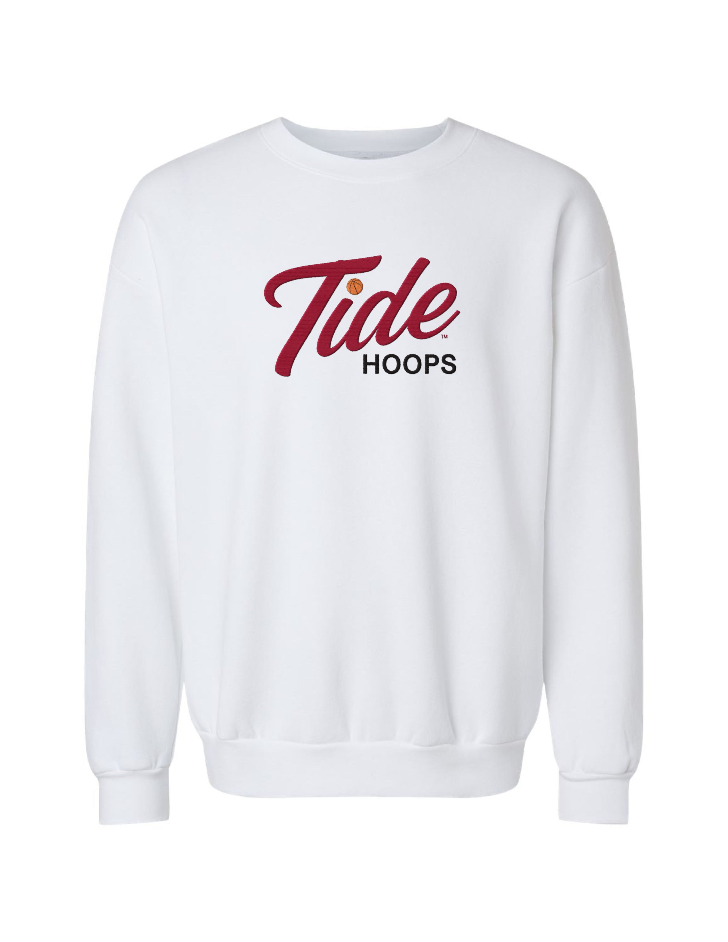University of Alabama white American Apparel Crewneck featuring Red script "Tide" and Black "Hoops" embroidery
