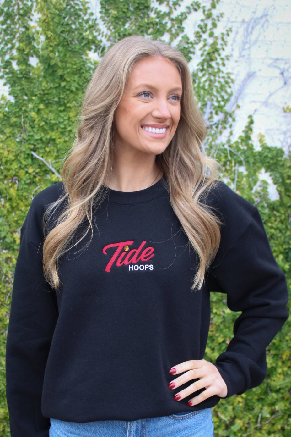 University of Alabama Black Ladies Crewneck with the Tide Hoops logo embroidery