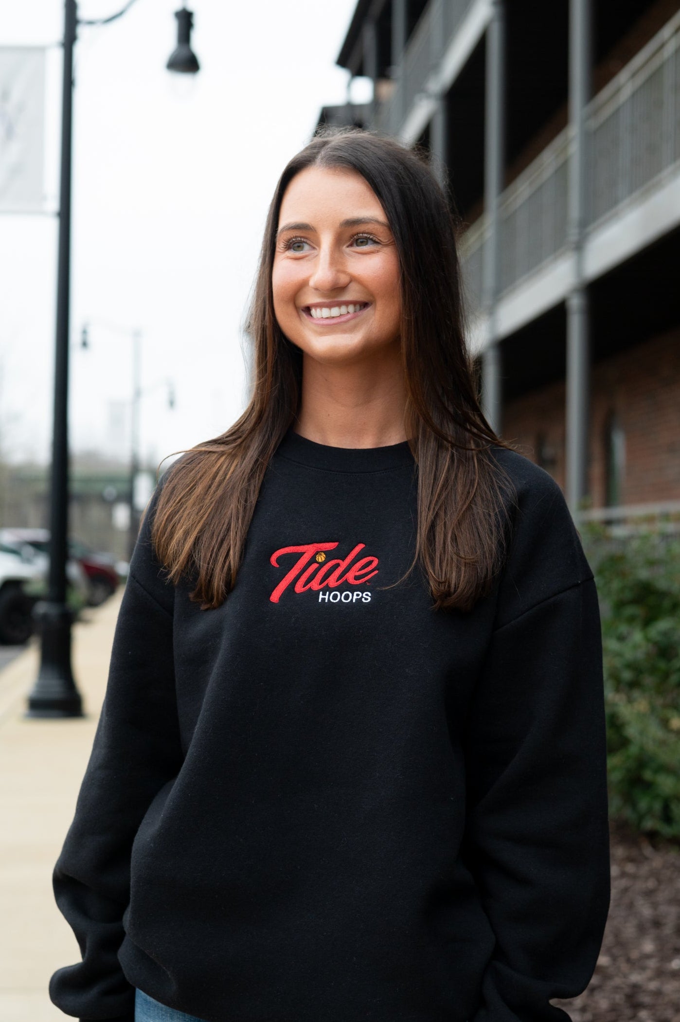 University of Alabama Black Ladies Crewneck with the Tide Hoops logo embroidery