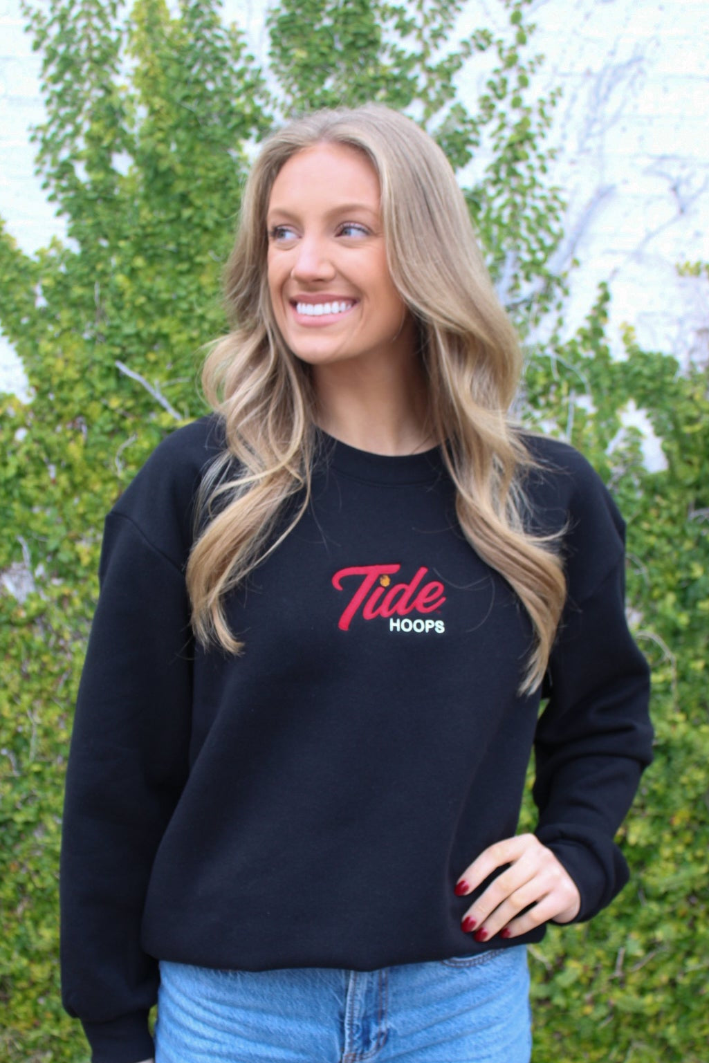 University of Alabama Black Ladies Crewneck with the Tide Hoops logo embroidery