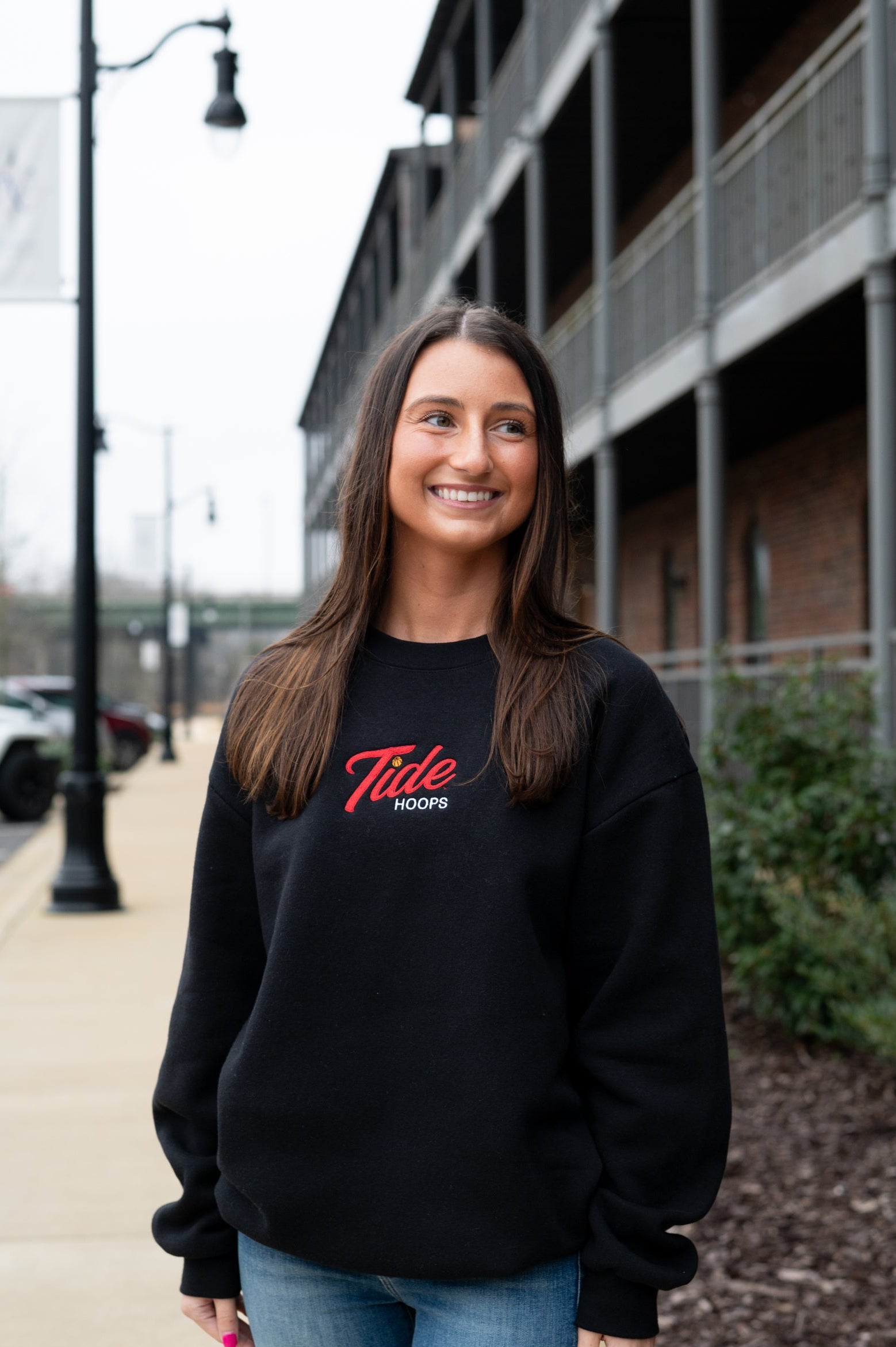 University of Alabama Black Ladies Crewneck with the Tide Hoops logo embroidery