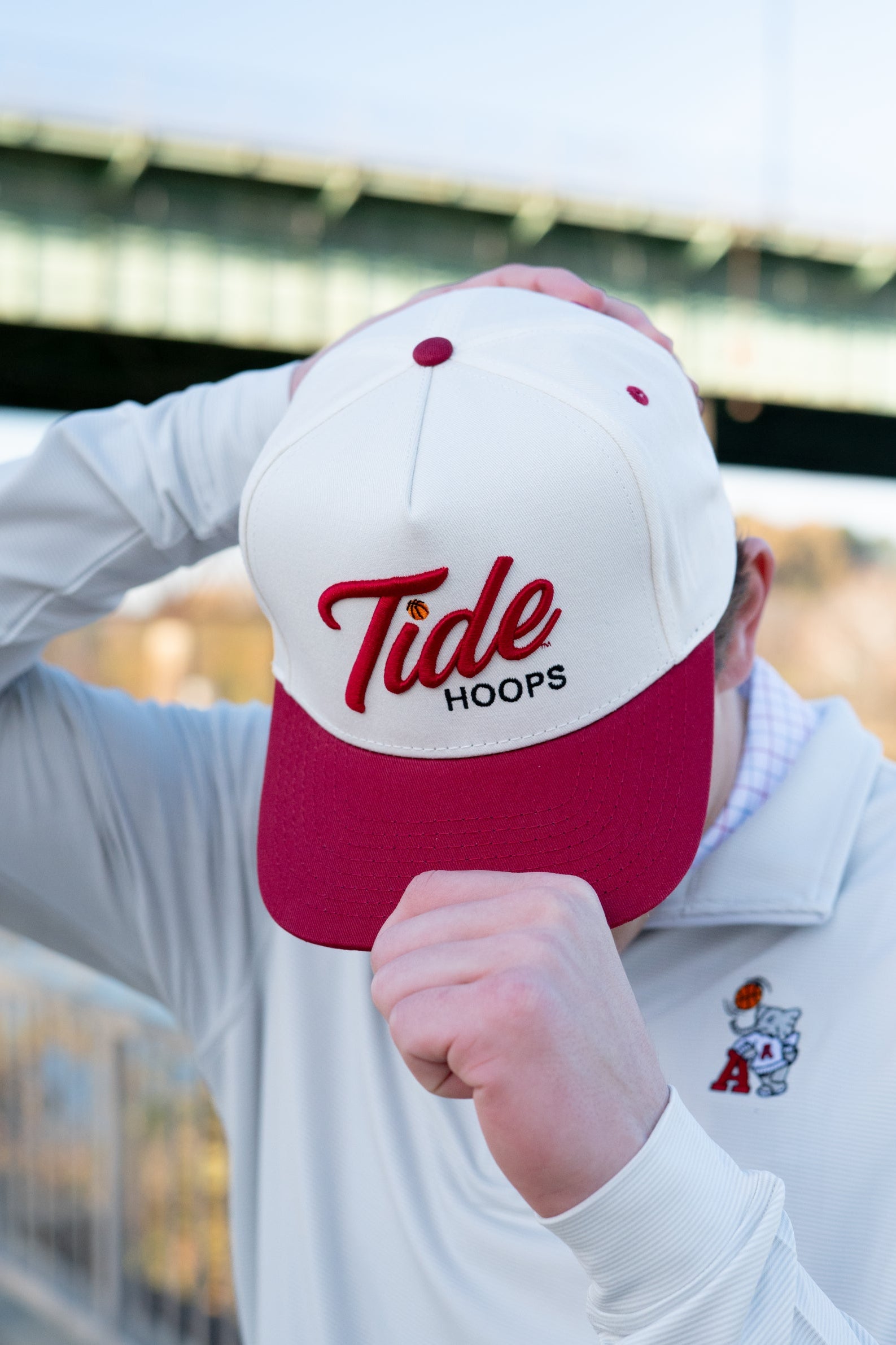 University of Alabama Cream and Red Hat featuring Red script "Tide" and Black "Hoops" embroidery