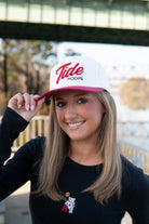 University of Alabama Cream and Red Hat featuring Red script "Tide" and Black "Hoops" embroidery