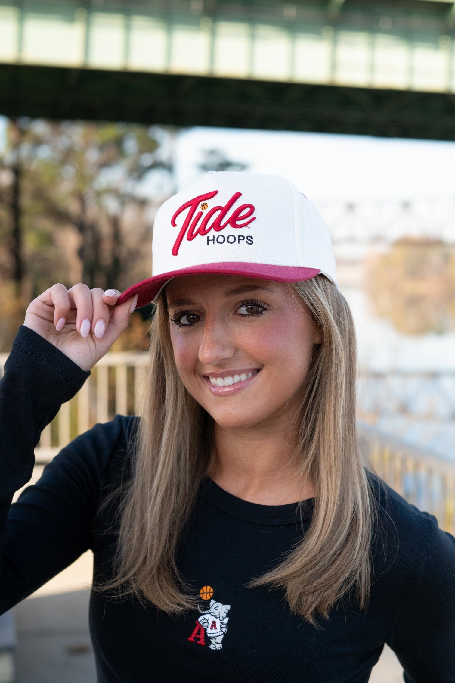 University of Alabama Cream and Red Hat featuring Red script "Tide" and Black "Hoops" embroidery