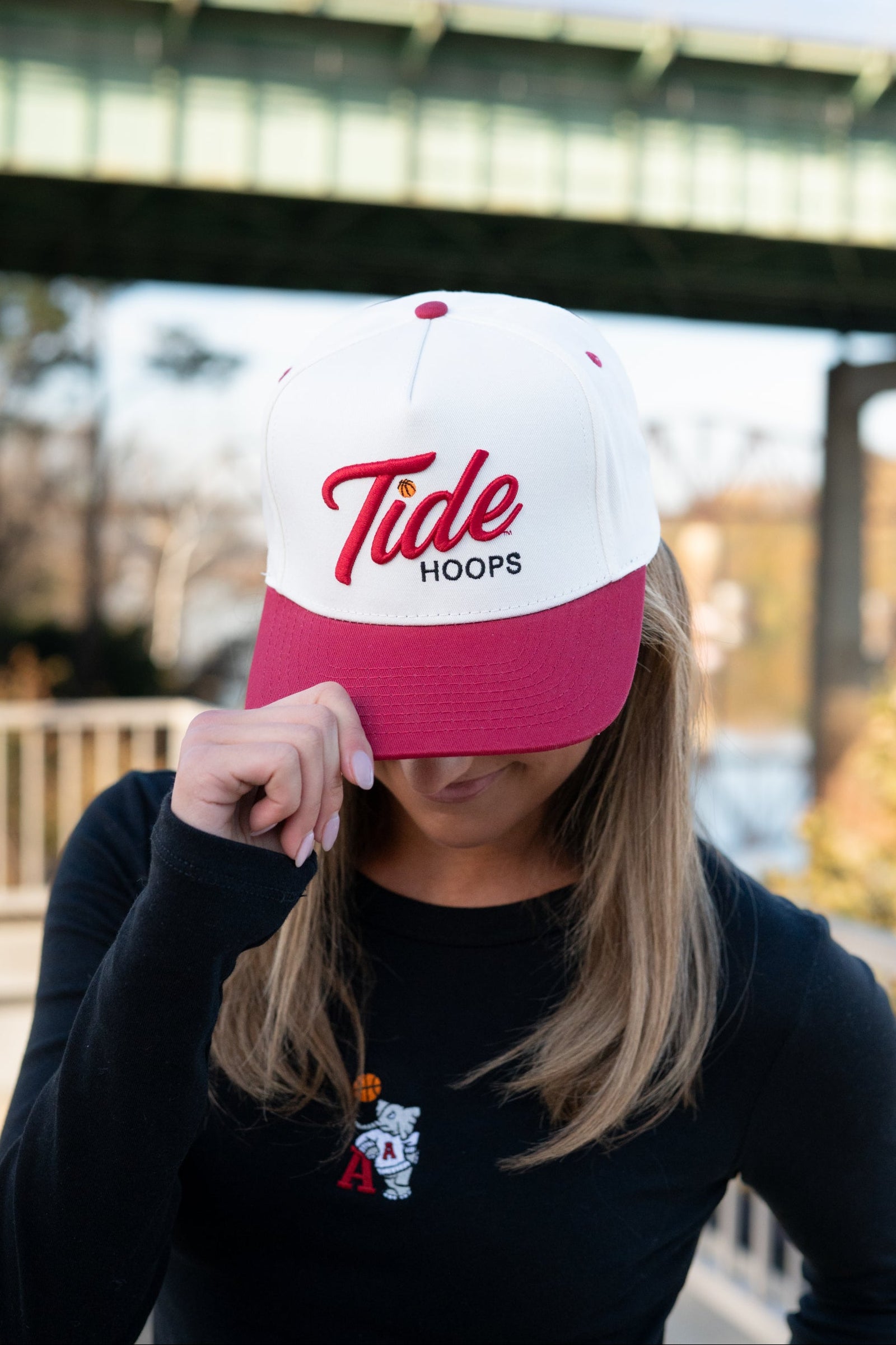 University of Alabama Cream and Red Hat featuring Red script "Tide" and Black "Hoops" embroidery