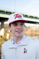University of Alabama Cream and Red Hat featuring Red script "Tide" and Black "Hoops" embroidery