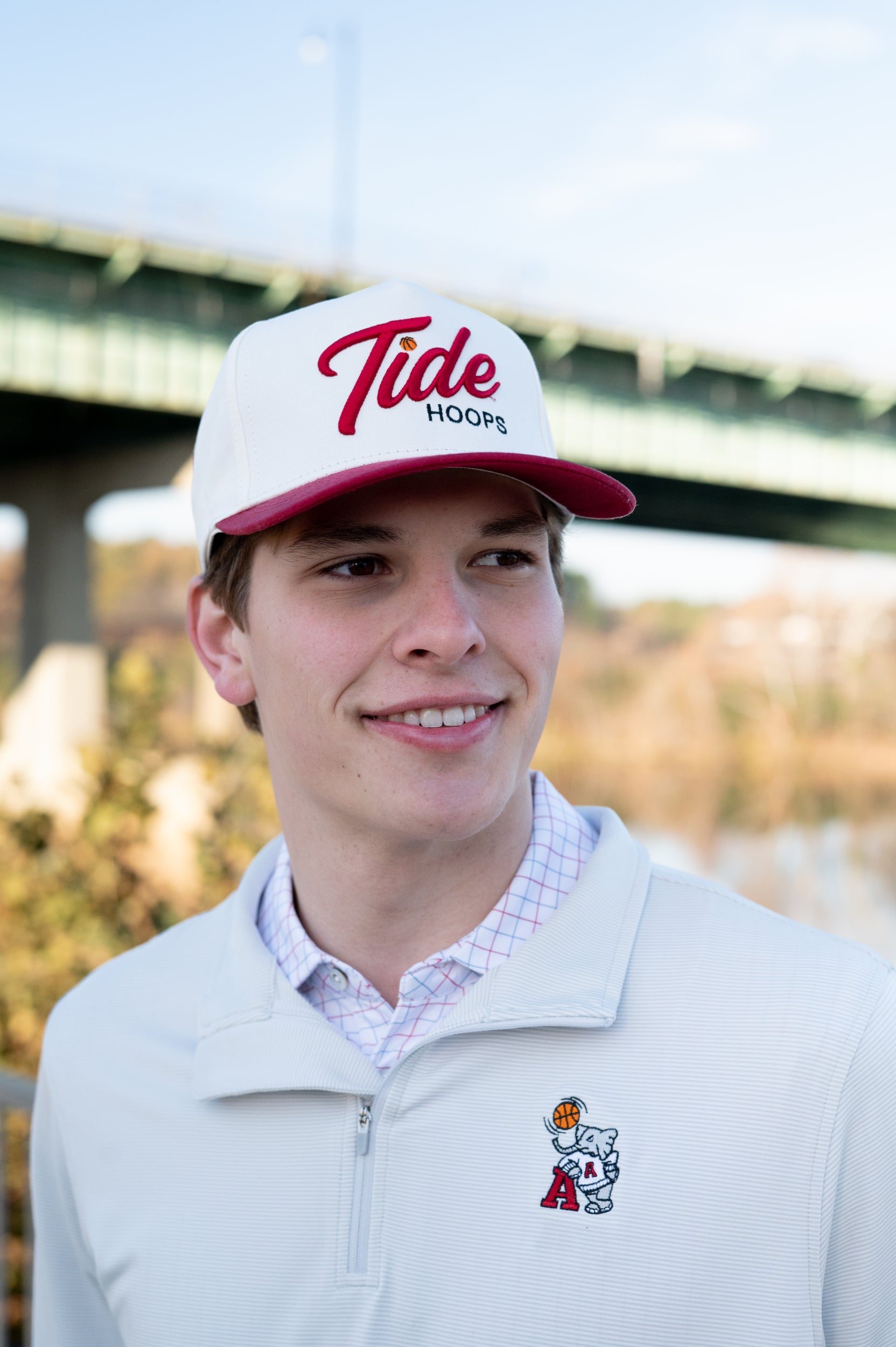 University of Alabama Cream and Red Hat featuring Red script "Tide" and Black "Hoops" embroidery