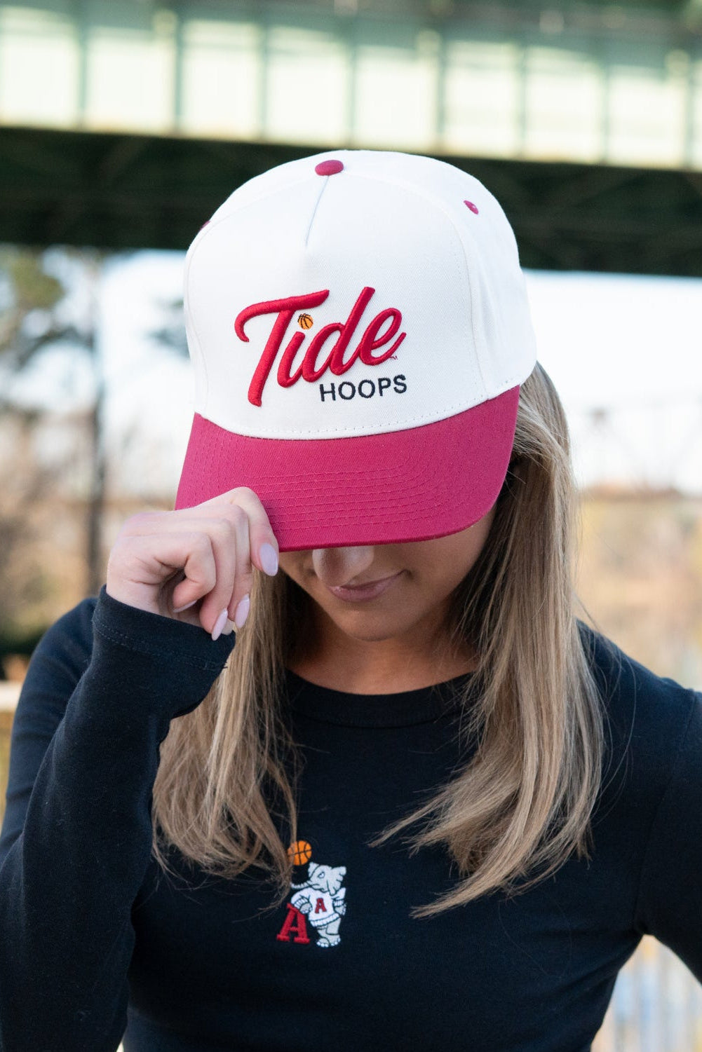 University of Alabama Cream and Red Hat featuring Red script "Tide" and Black "Hoops" embroidery
