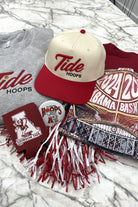 University of Alabama Cream and Red Hat featuring Red script "Tide" and Black "Hoops" embroidery