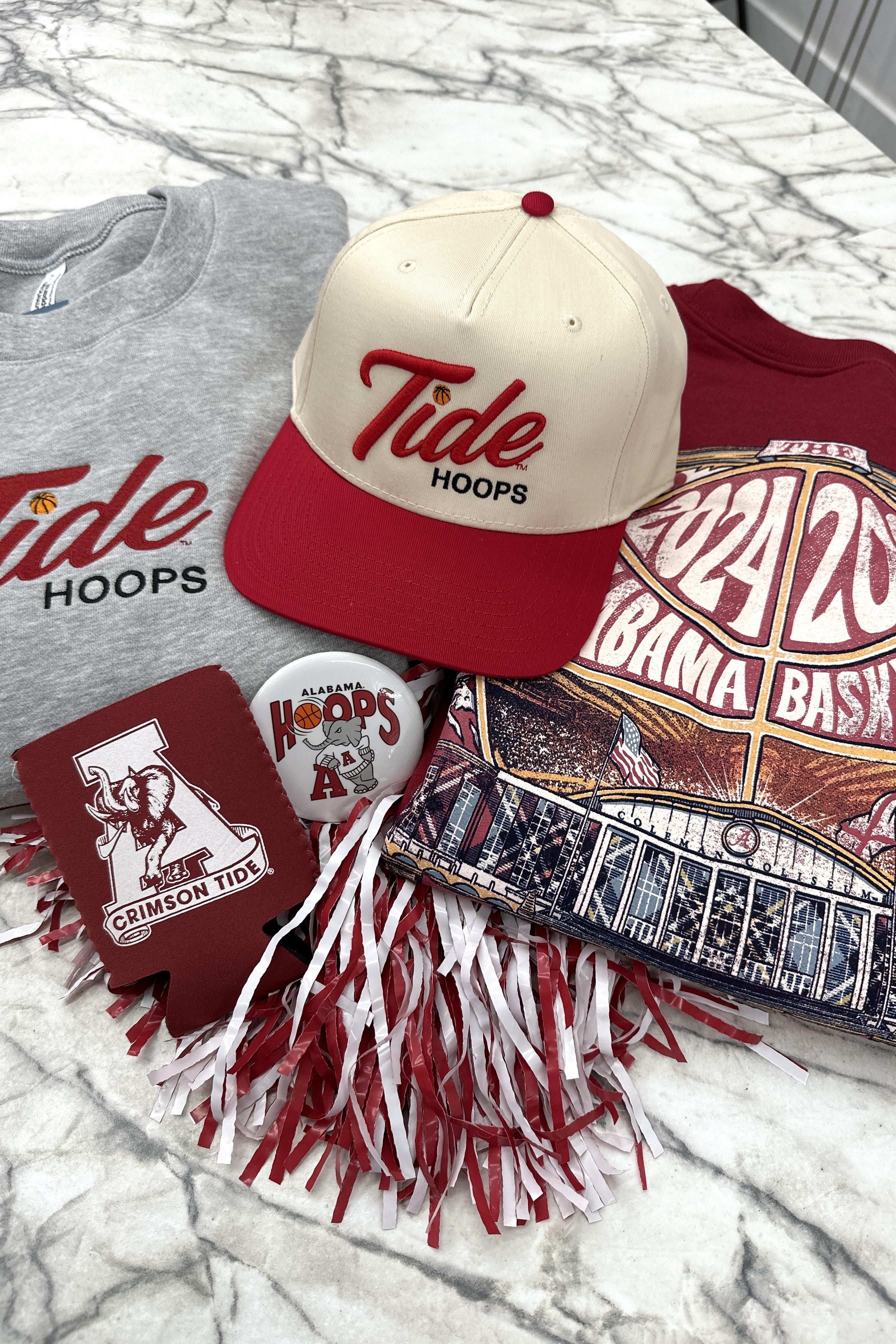 University of Alabama Cream and Red Hat featuring Red script "Tide" and Black "Hoops" embroidery