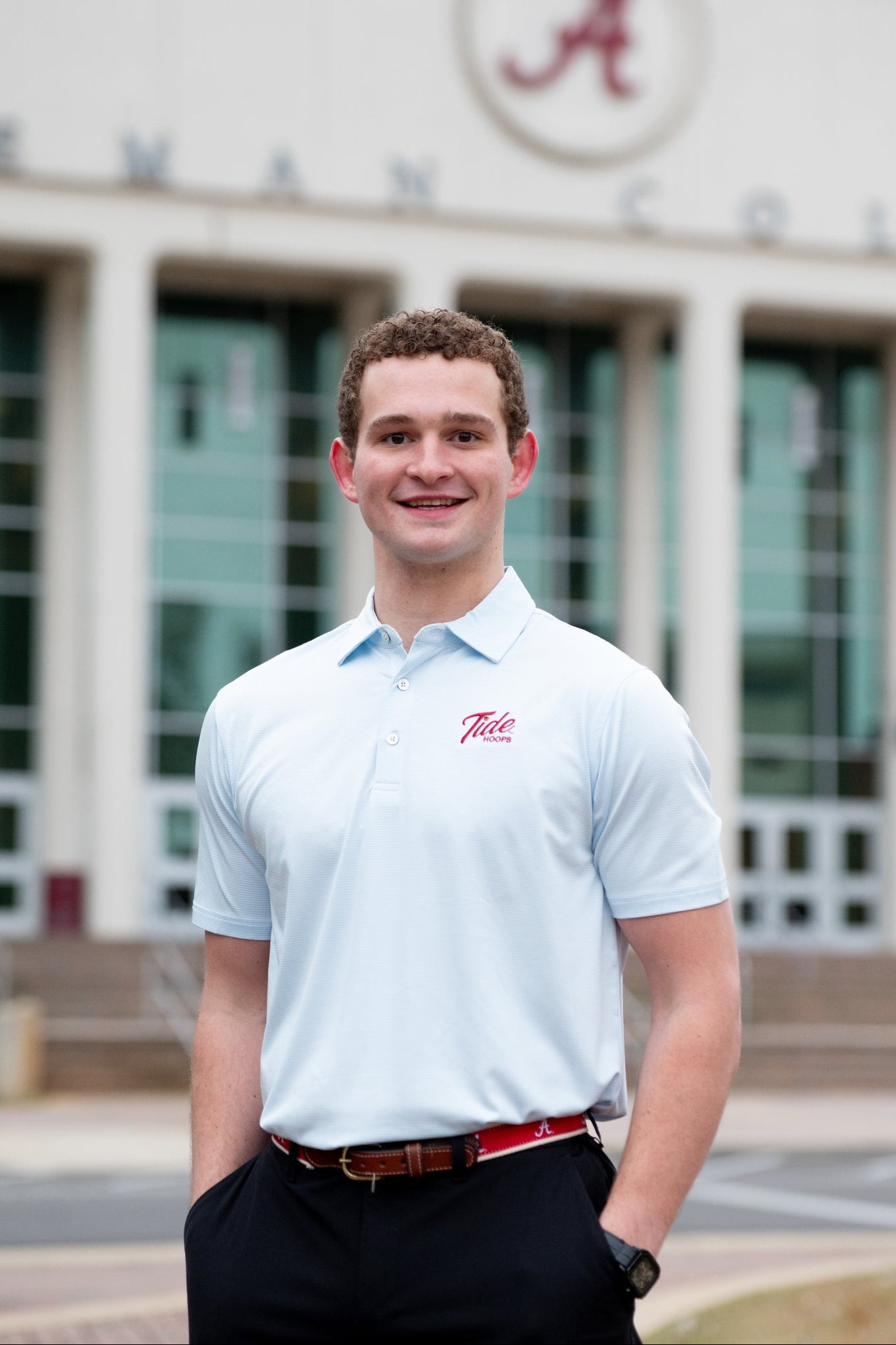 University of Alabama Men’s Light Blue Stripe Polo with the Tide Hoops Logo embroidered on the chest