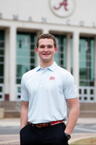 University of Alabama Men’s Light Blue Stripe Polo with the Tide Hoops Logo embroidered on the chest