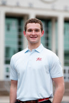 University of Alabama Men’s Light Blue Stripe Polo with the Tide Hoops Logo embroidered on the chest
