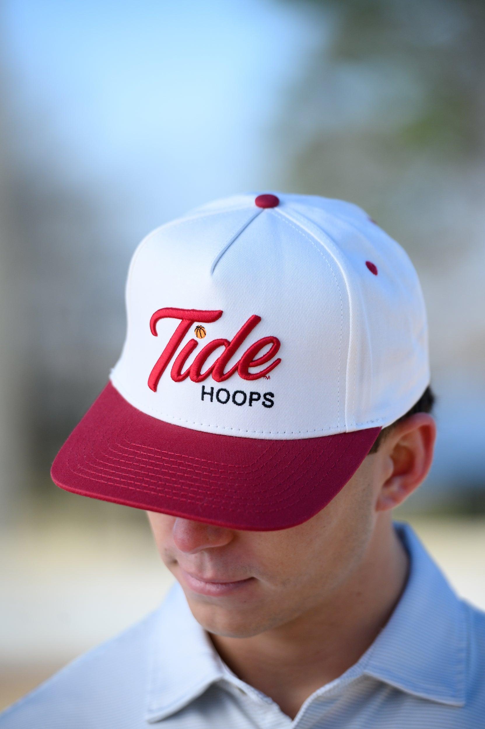 University of Alabama Cream and Red Hat featuring Red script "Tide" and Black "Hoops" embroidery