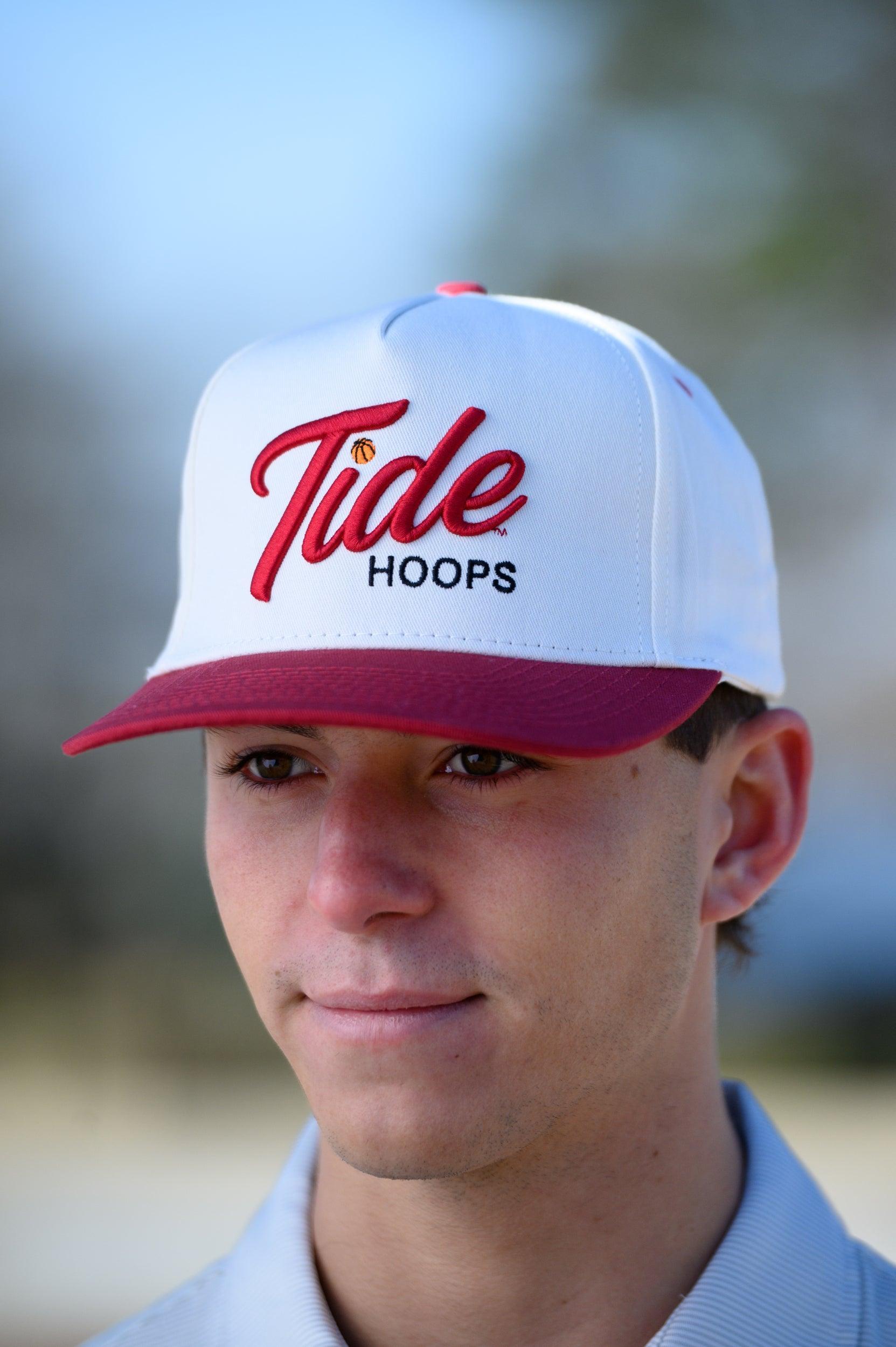 University of Alabama Cream and Red Hat featuring Red script "Tide" and Black "Hoops" embroidery