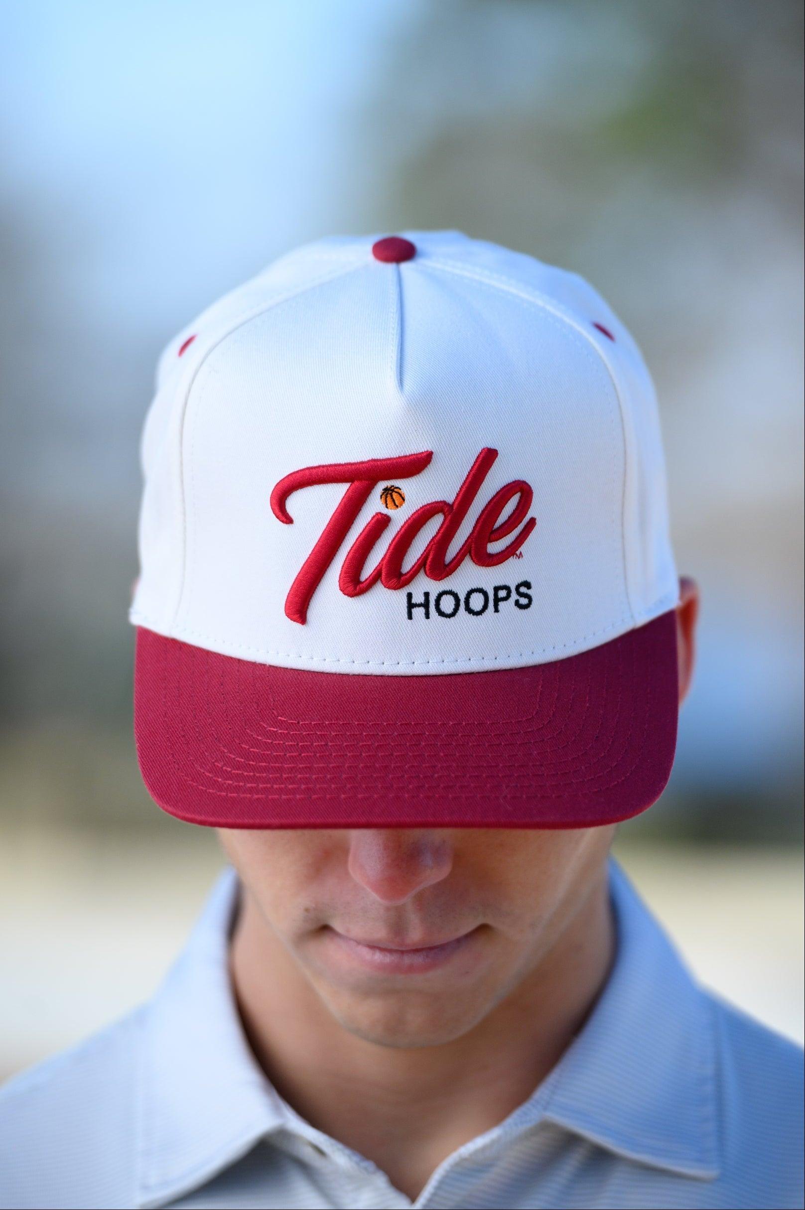 University of Alabama Cream and Red Hat featuring Red script "Tide" and Black "Hoops" embroidery