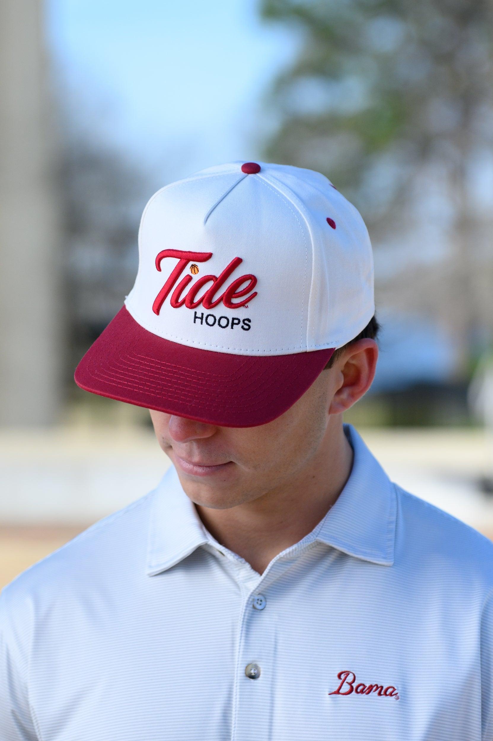 University of Alabama Cream and Red Hat featuring Red script "Tide" and Black "Hoops" embroidery
