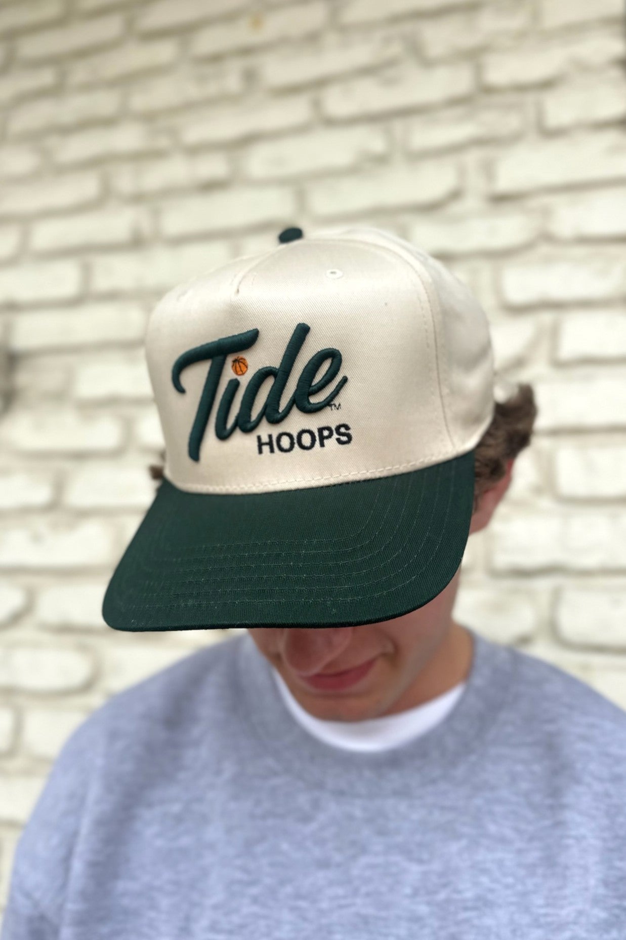 University of Alabama Cream and Green Hat featuring Green script "Tide" and Black "Hoops" embroidery