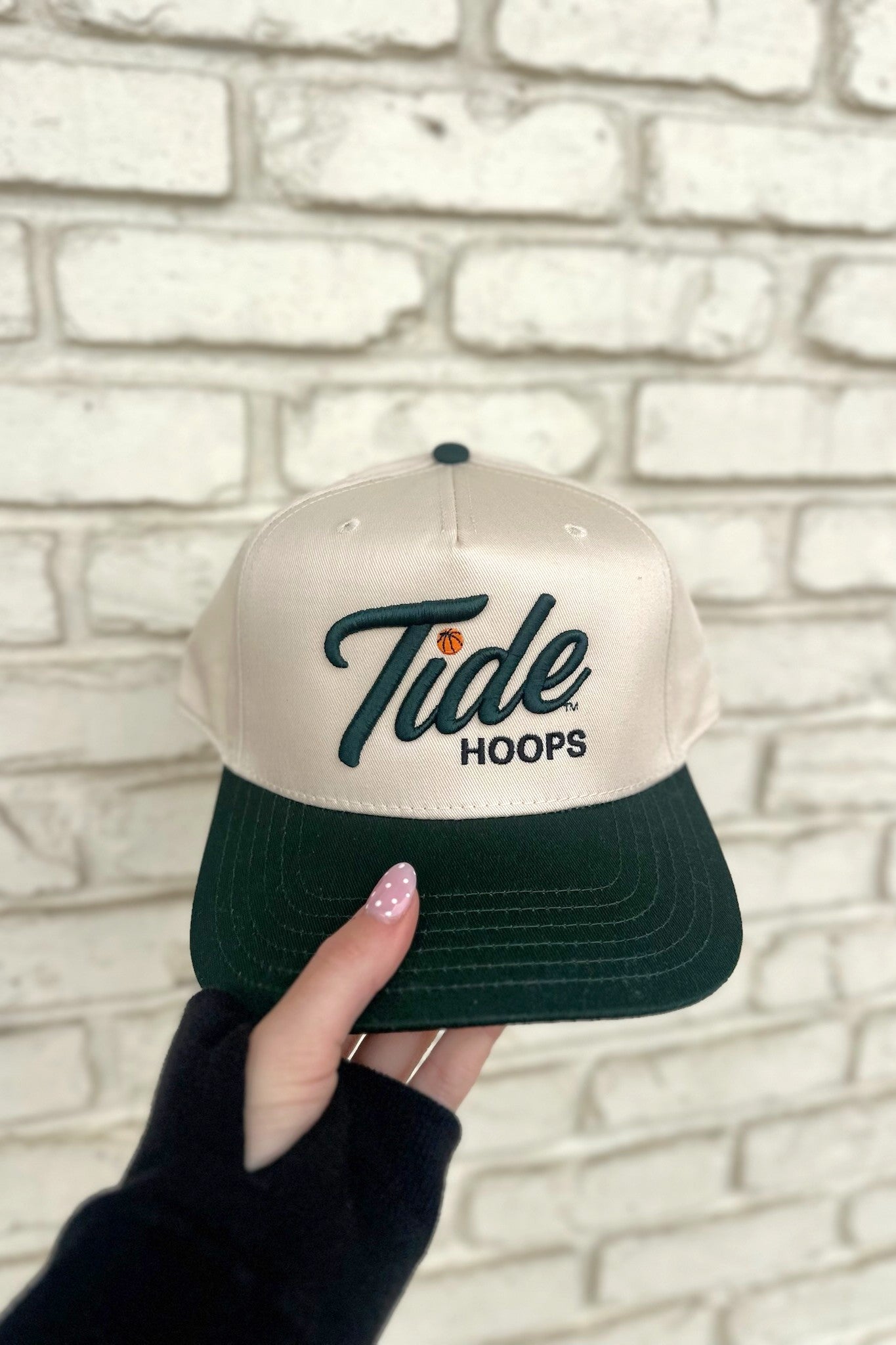 University of Alabama Cream and Green Hat featuring Green script "Tide" and Black "Hoops" embroidery