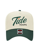 University of Alabama Cream and Green Hat featuring Green script "Tide" and Black "Hoops" embroidery