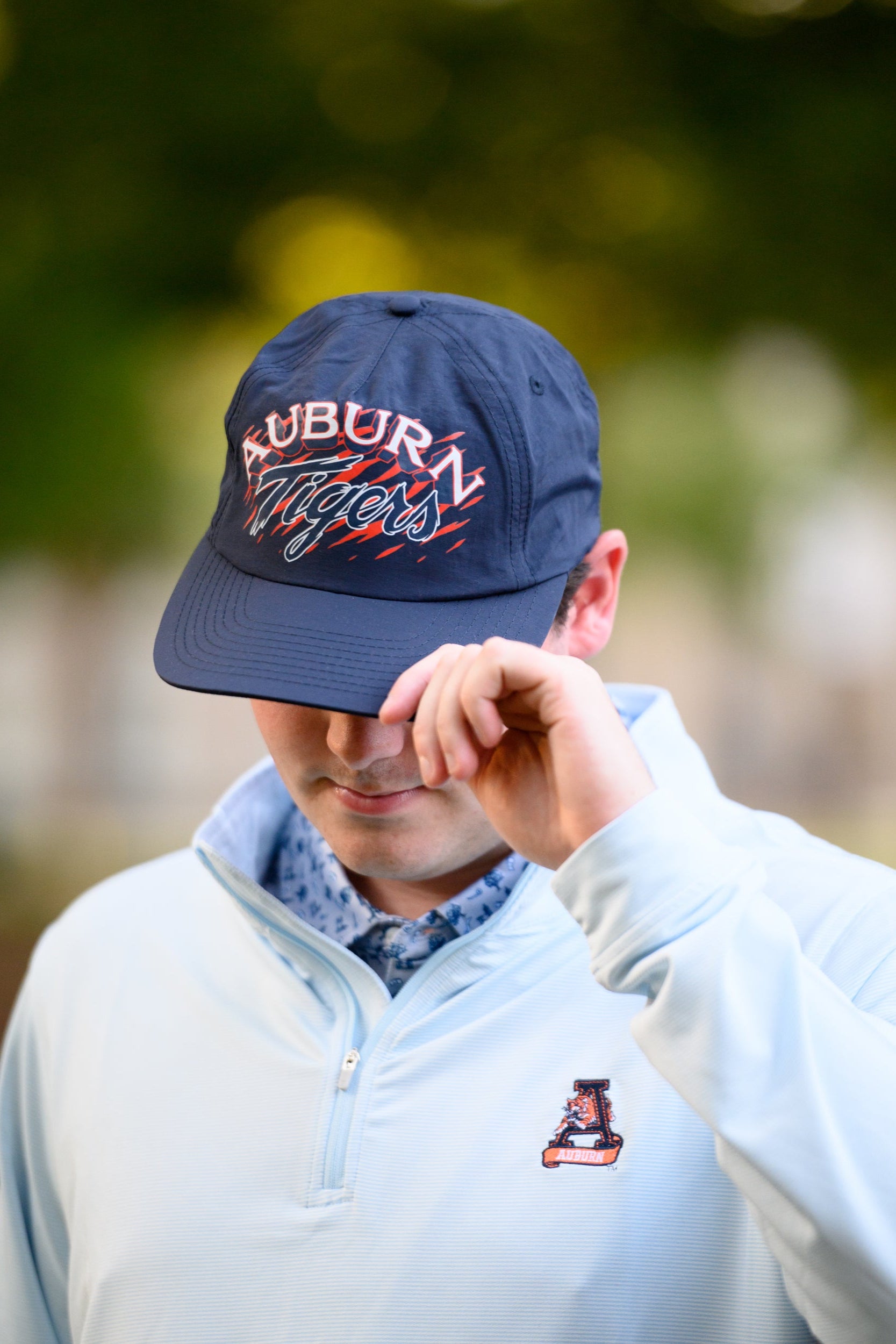 Auburn University Navy Good Time Hat with White text "Auburn" and Navy Script "Tigers" above Orange stripes