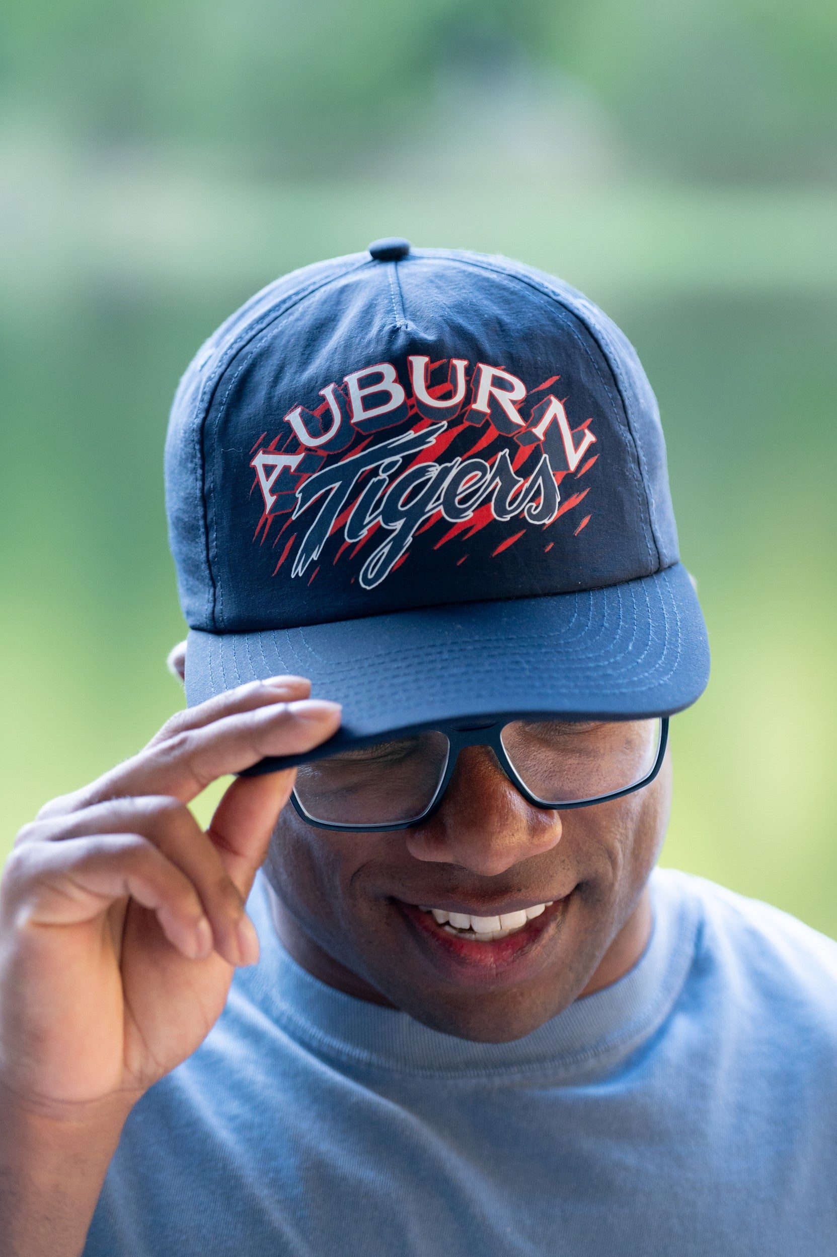 Auburn University Navy Good Time Hat with White text "Auburn" and Navy Script "Tigers" above Orange stripes