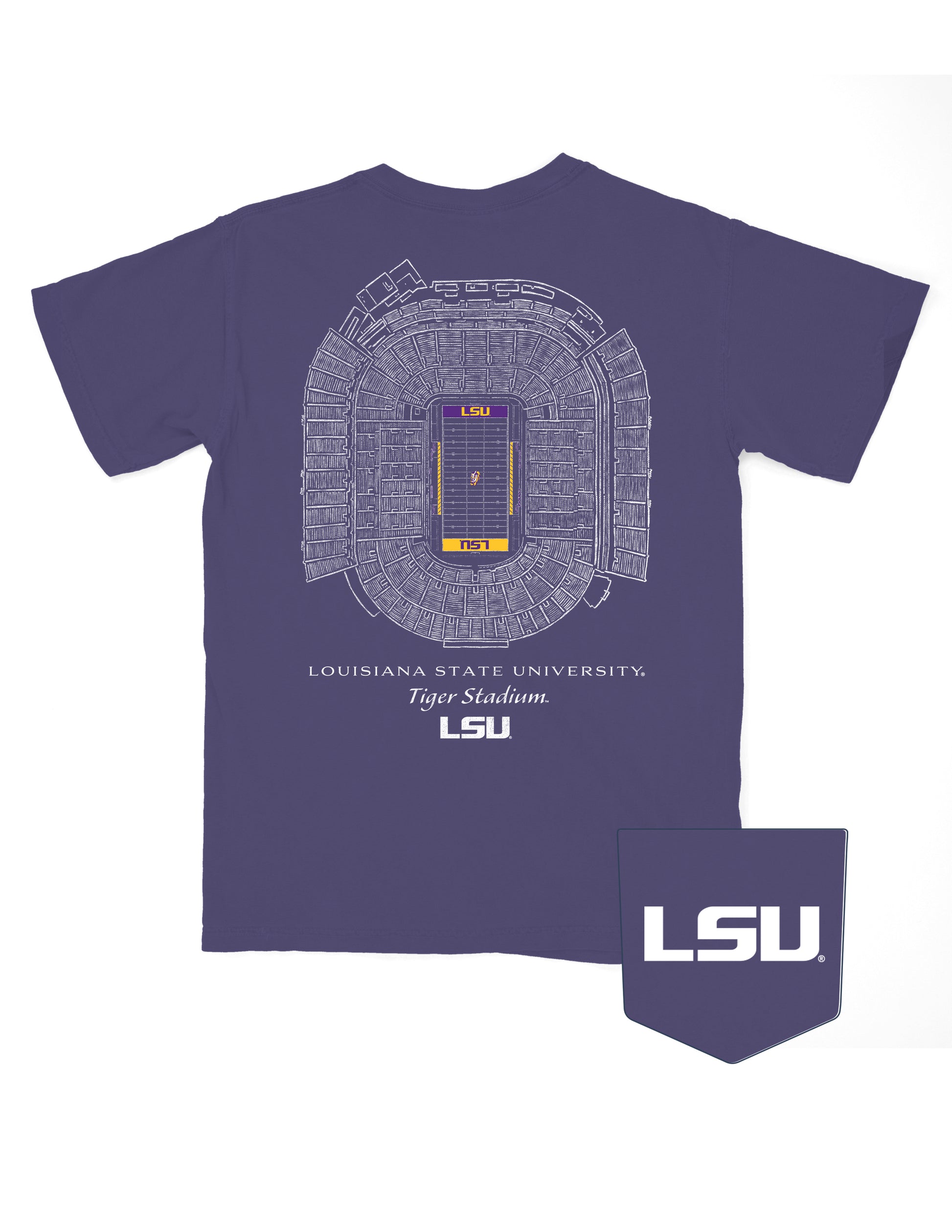Louisiana State University Purple T-Shirt with an image of the Tiger Stadium Blueprint