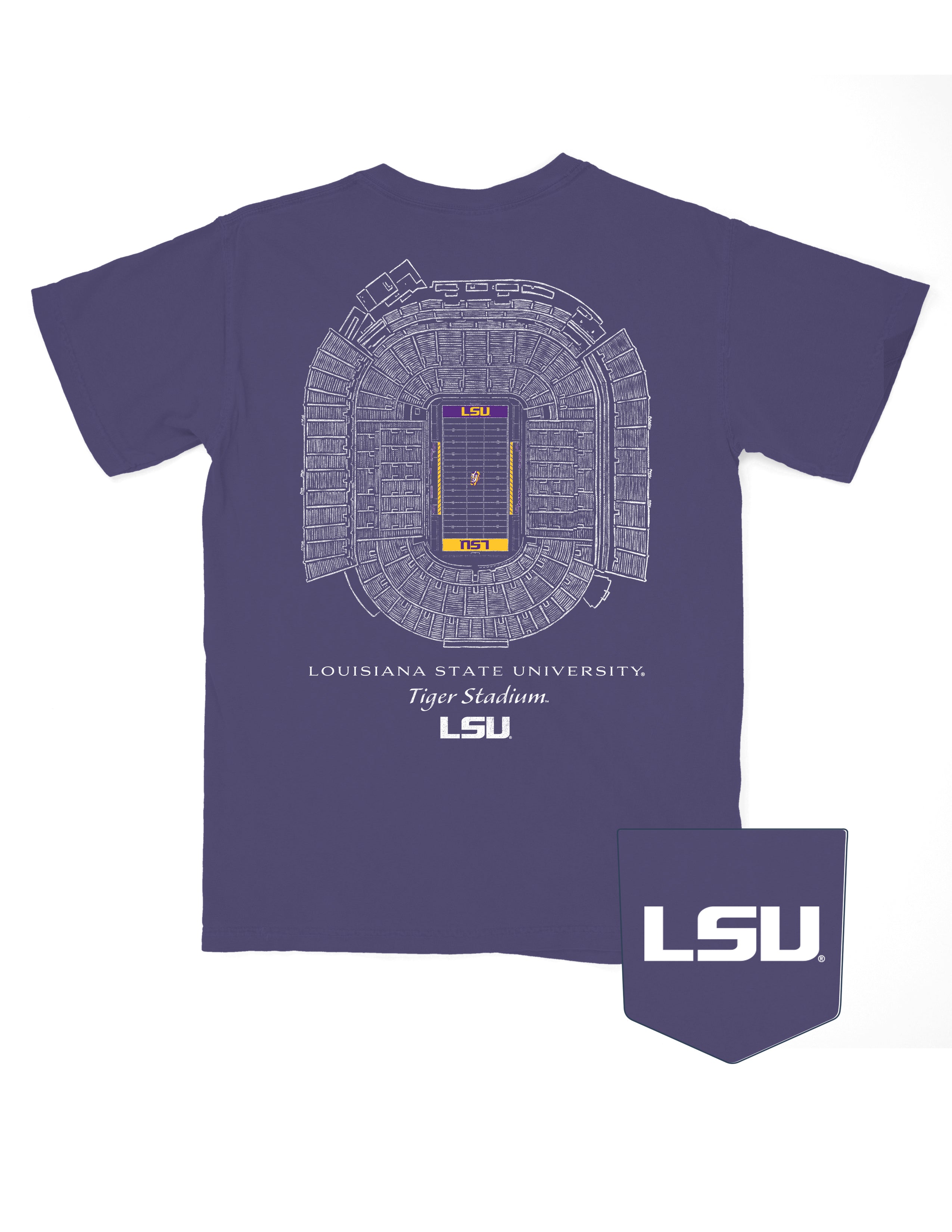 Louisiana State University Purple T-Shirt with an image of the Tiger Stadium Blueprint