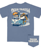 Auburn University Blue T-Shirt with 'Tiger Travels' text and an illustration of  Aubie in a VW Bus leaving the Auburn campus