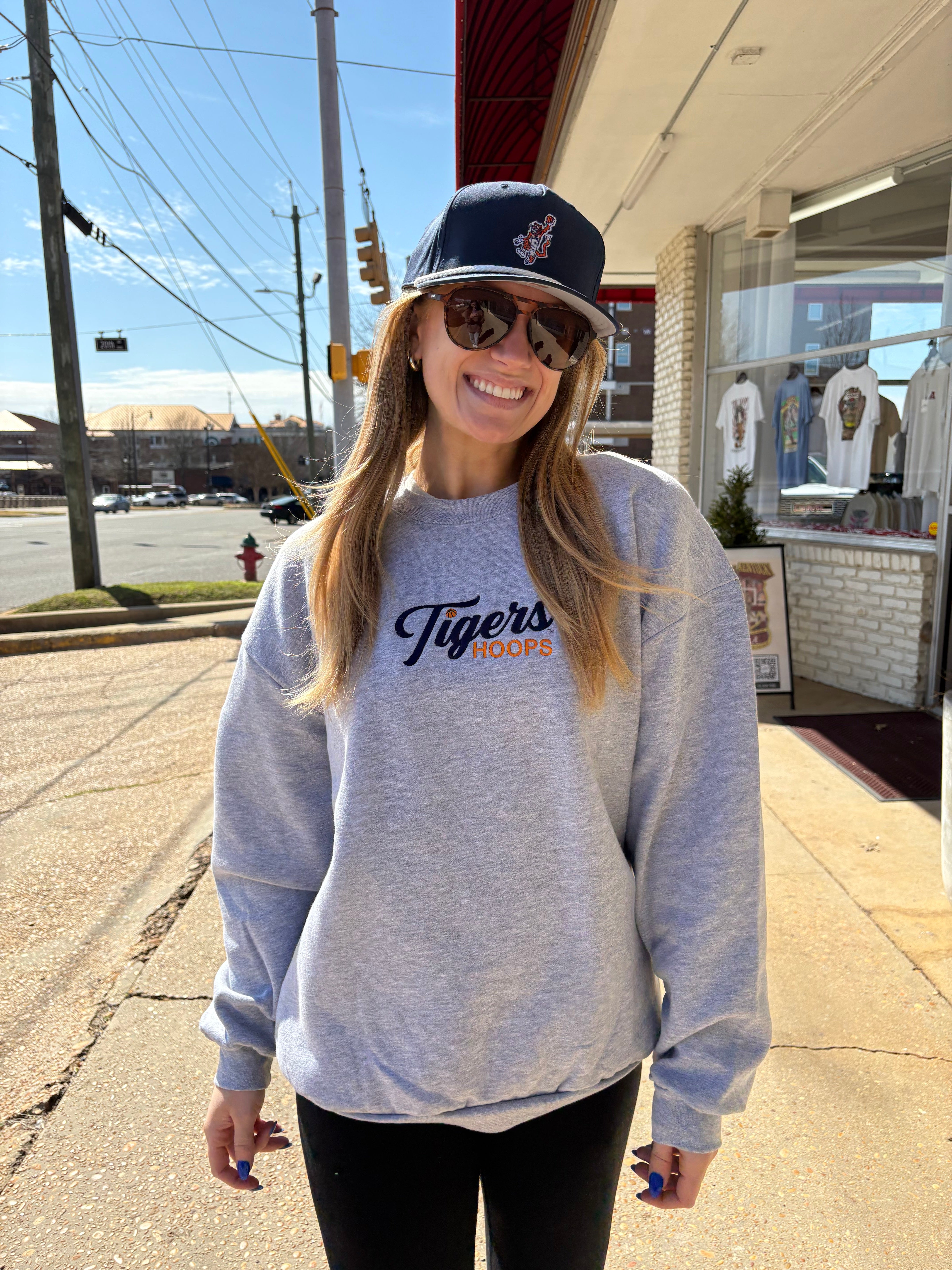 Auburn University Grey American Apparel Crewneck featuring Navy script "Tigers" and Orange "Hoops" embroidery