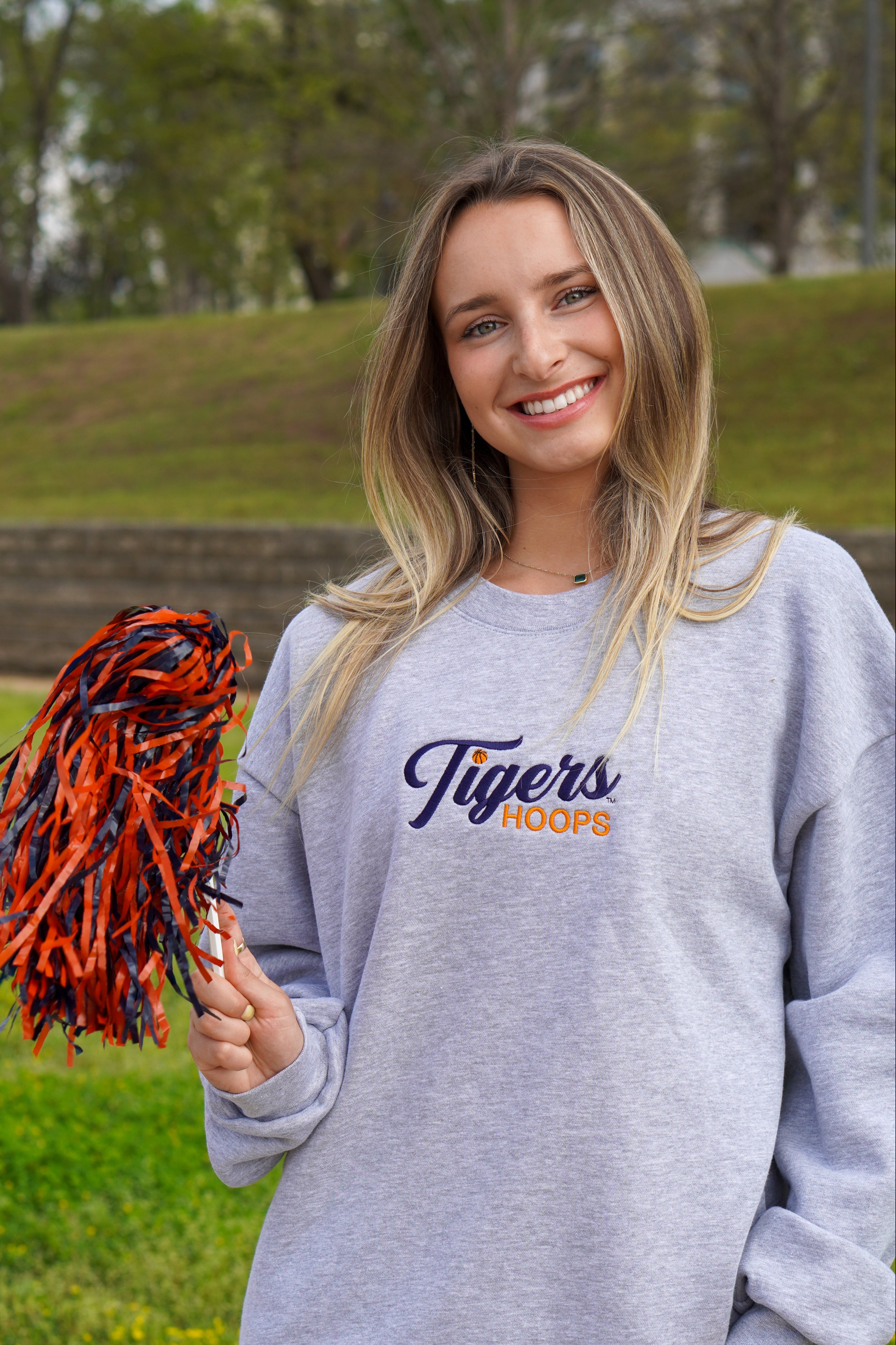 Auburn University Grey American Apparel Crewneck featuring Navy script "Tigers" and Orange "Hoops" embroidery