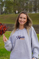 Auburn University Grey American Apparel Crewneck featuring Navy script "Tigers" and Orange "Hoops" embroidery