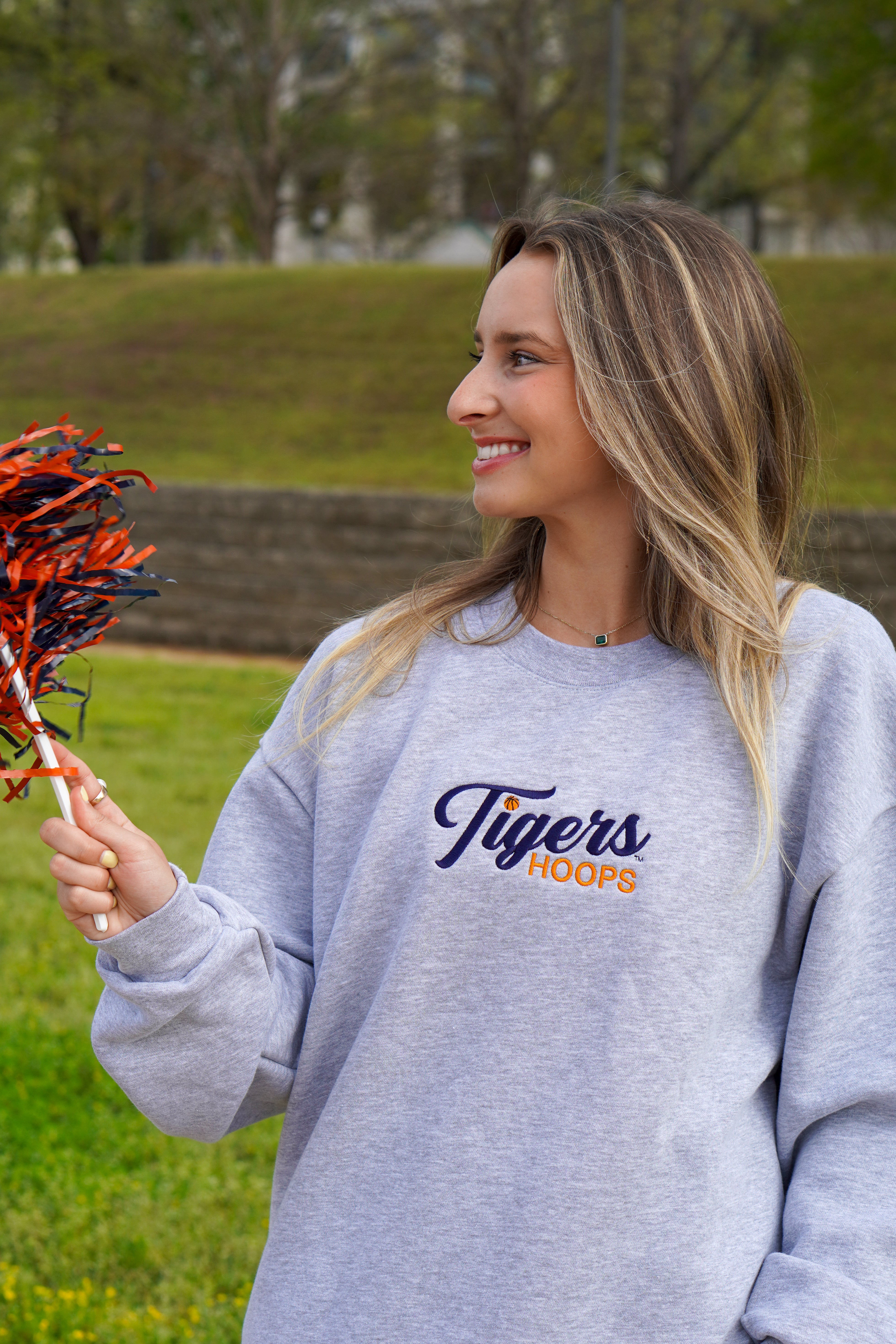 Auburn University Grey American Apparel Crewneck featuring Navy script "Tigers" and Orange "Hoops" embroidery