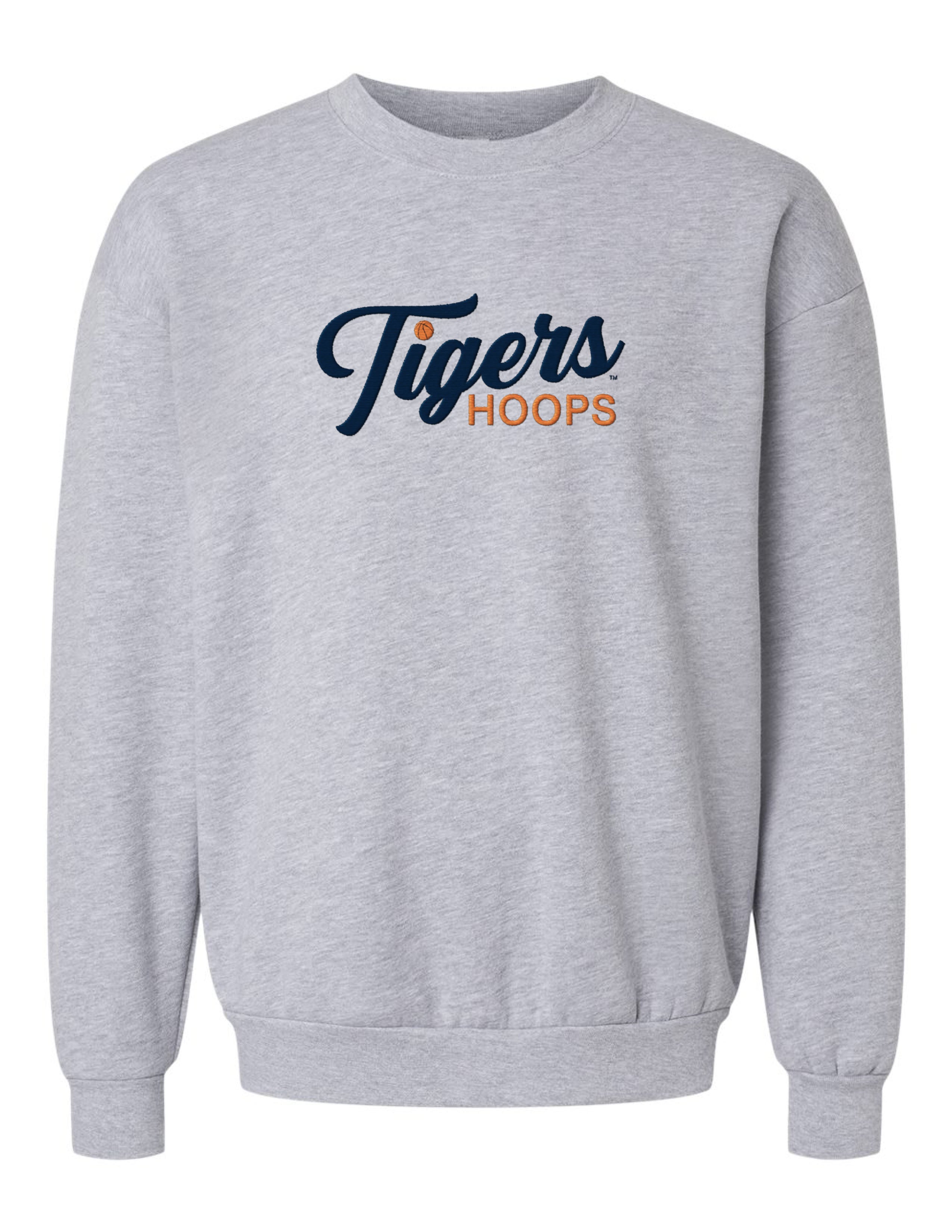 Auburn University Grey American Apparel Crewneck featuring Navy script "Tigers" and Orange "Hoops" embroidery