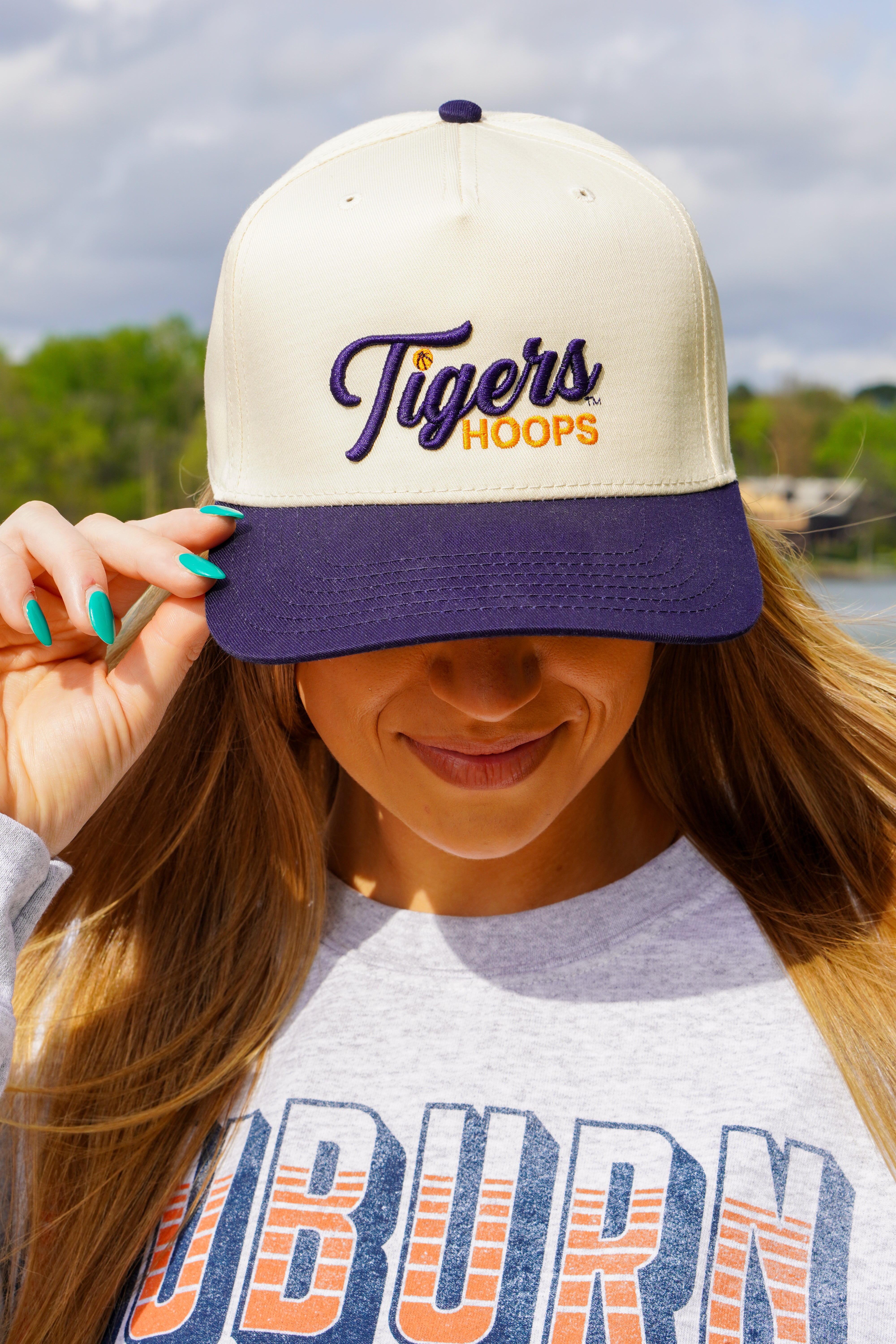Auburn University Cream and Navy Hat featuring Navy script "Tigers" and Orange "Hoops" embroidery